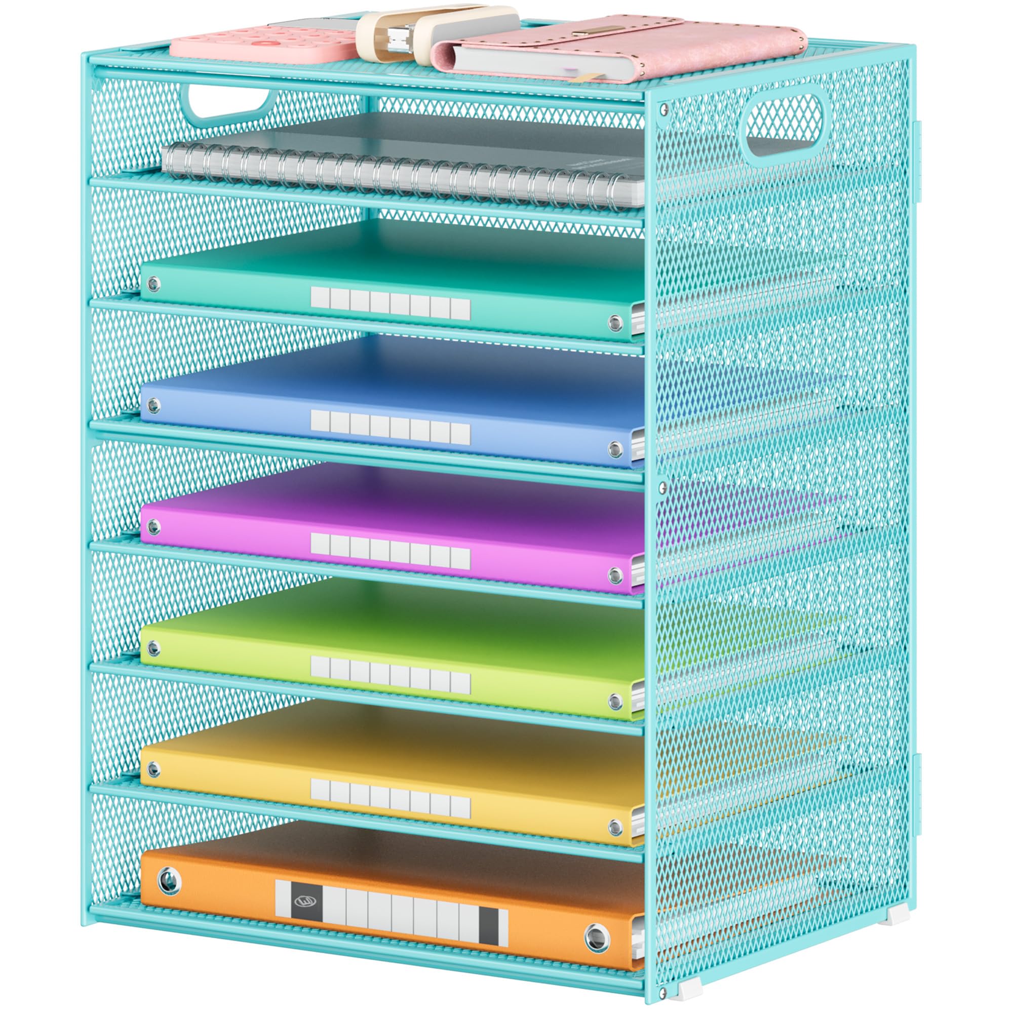 Lavatino 2 Pack 8-Tier Office Desk File Organizer, Letter Tray Paper Organizer with Handle, Including 5 Adjustable Slide Trays for Organizing Desk Workspace Accessories and Supplies (Pink Mesh)