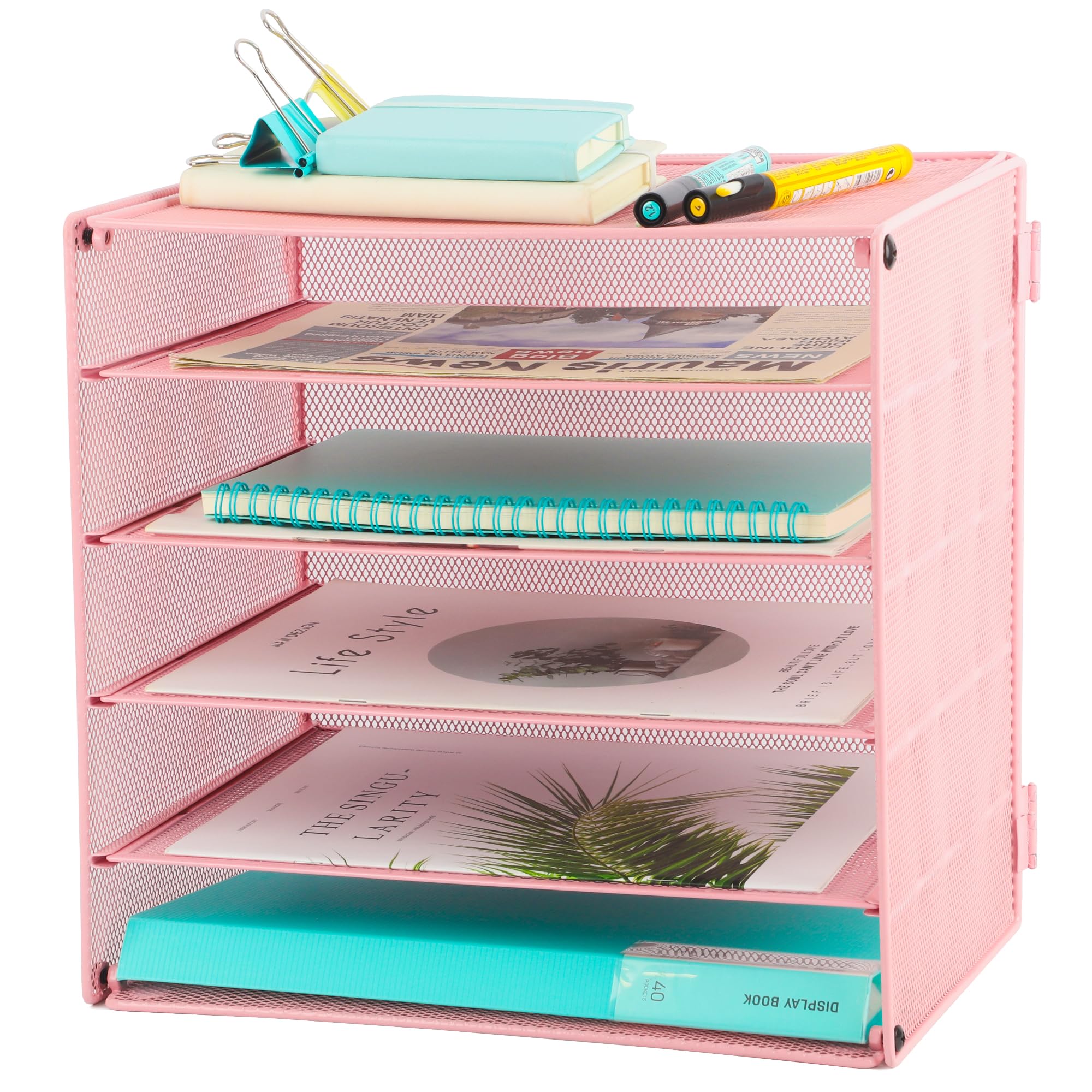 EASEPRES 5 Slot Mesh Desk Organizer Tray, File Paper Letter Folder Holder Desktop Paper Sorter Mail Organization Rack Storage Accessories, for Office Home School Classroom, Black, 2 Pack
