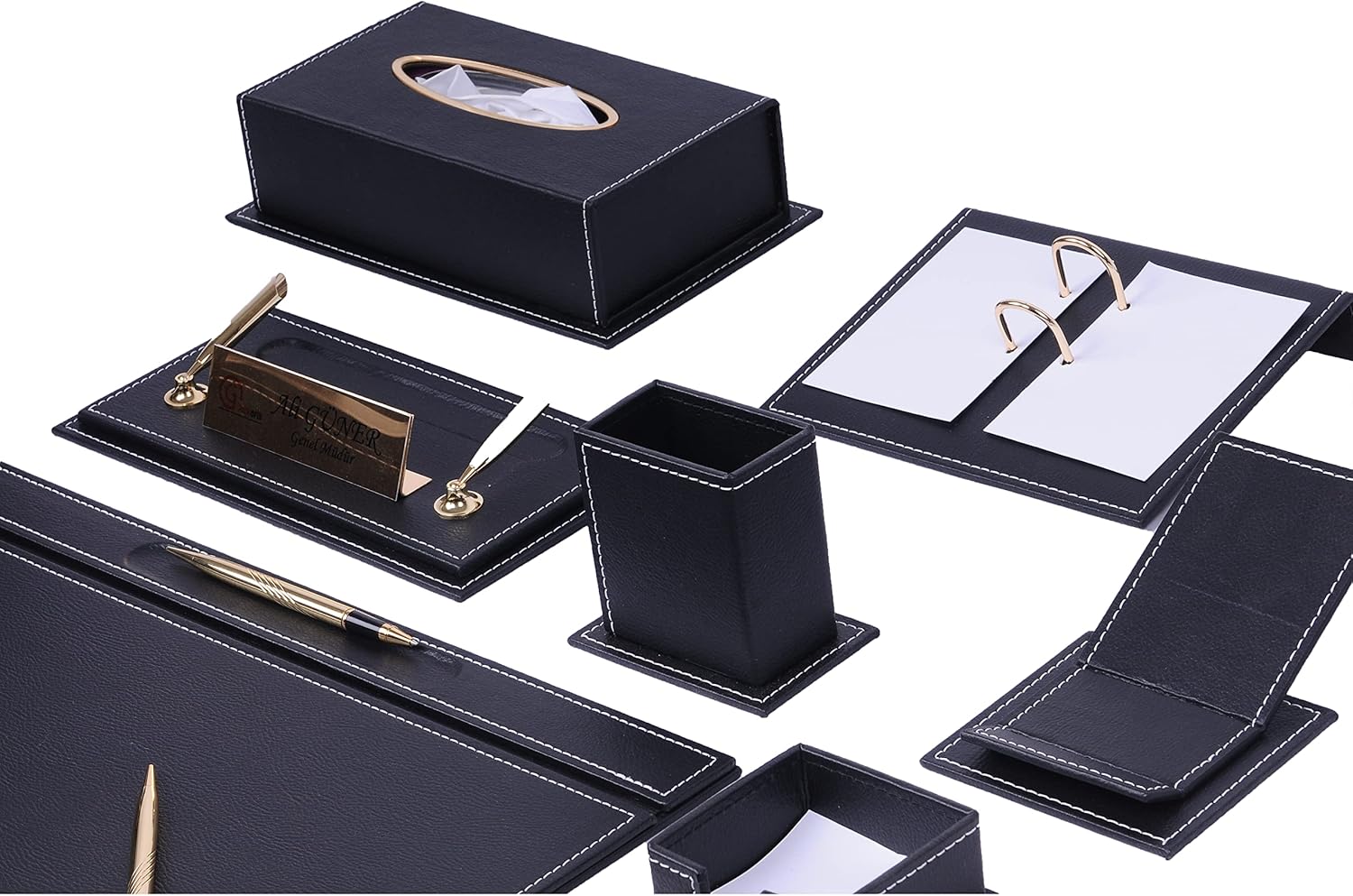 Desk Organizers - Desk Accessories - Leather Desk Organizer - Bonded Leather Desk Set - Home Office Accessories - Desk Supplies - Leather Desk Set - Office Accessories - 14 PCS (Black)