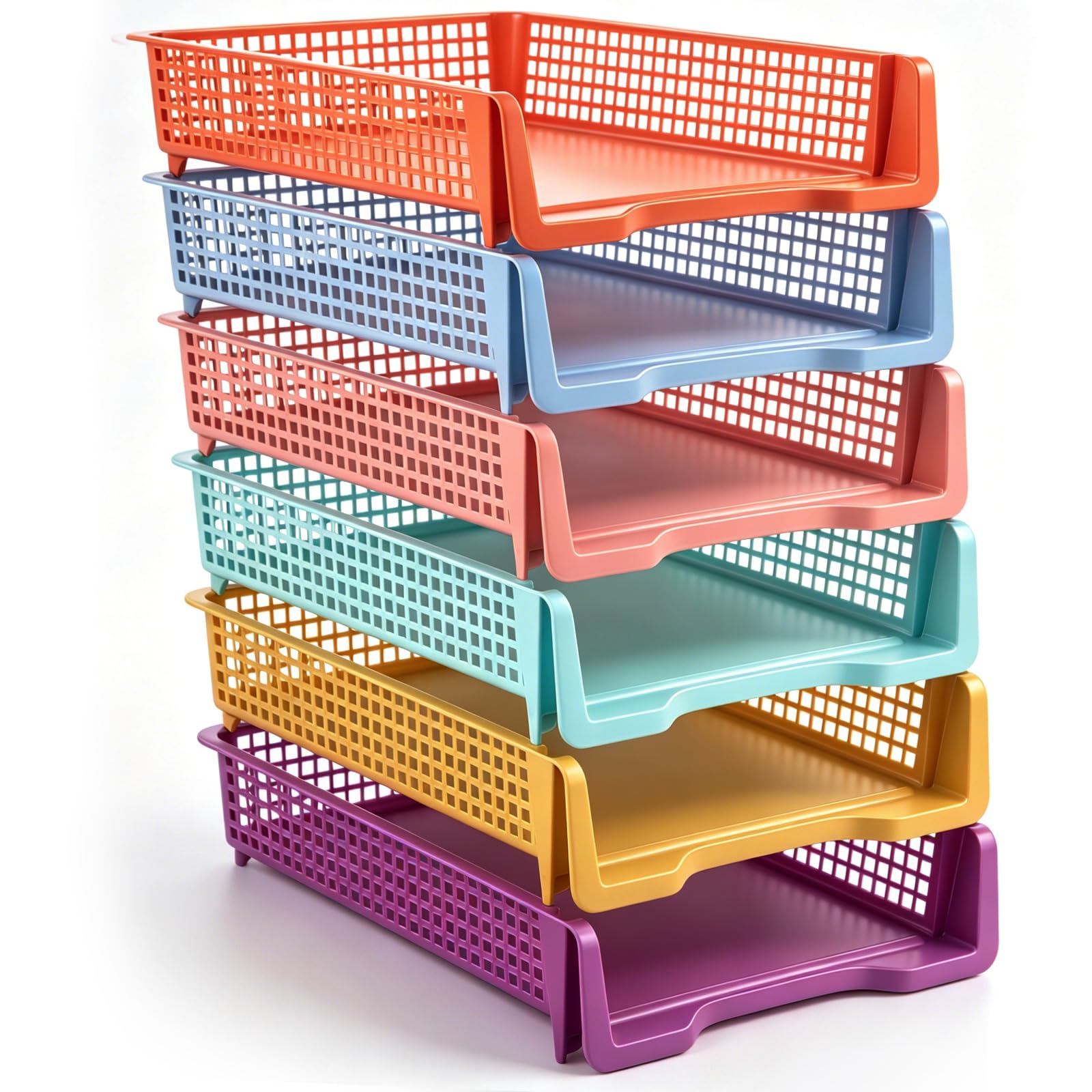 Geetery Set of 12 Plastic Trays for Teachers Turn in Trays Classroom Stackable Paper Tray Plastic Classroom Teachers Desk Letter Organizer Storage Baskets for Office, Desk, Home (Rainbow Color)