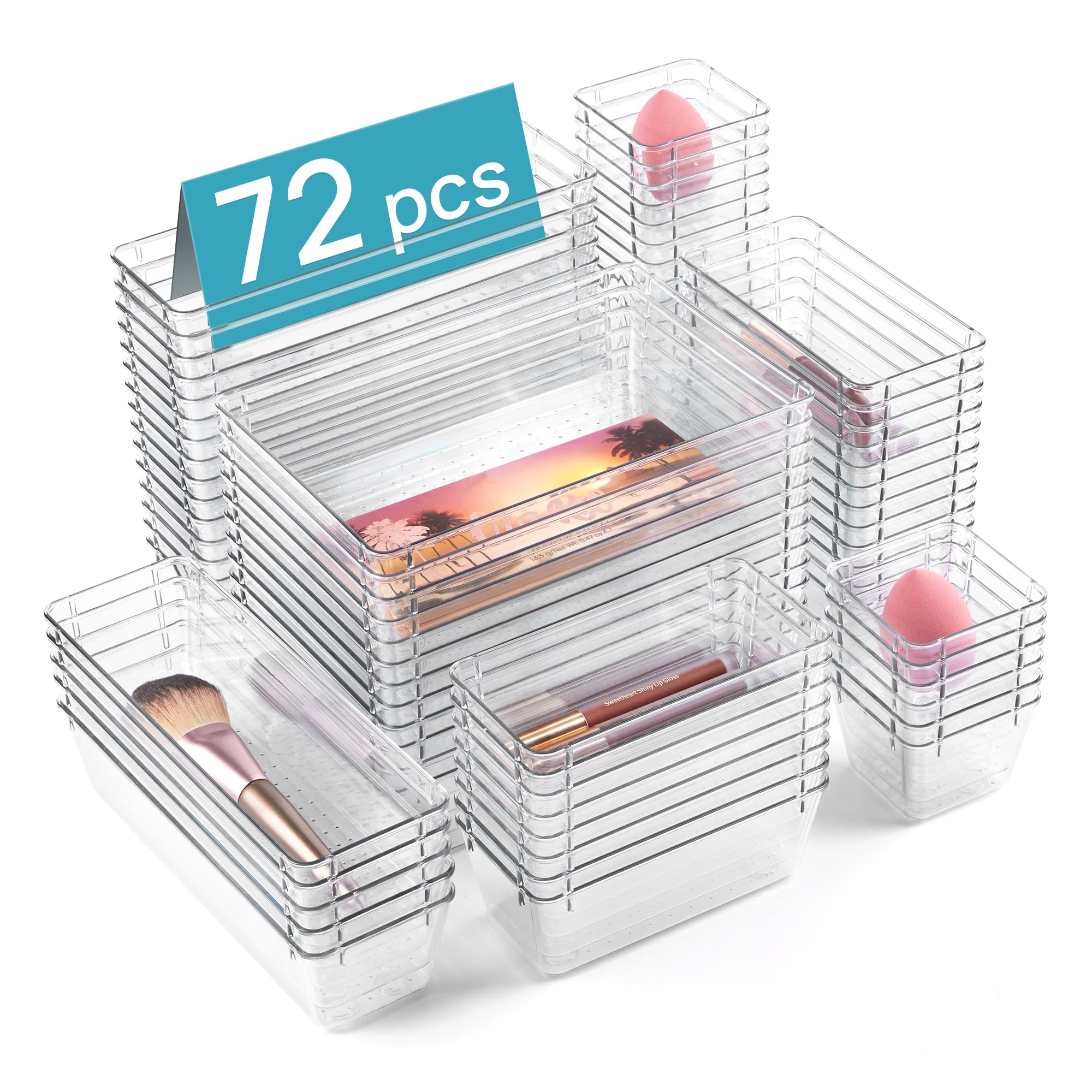 Vtopmart 28 PCS Clear Plastic Drawer Organizers Set, 4-Size Bathroom and Vanity Drawer Organizer Trays, Acrylic Storage Bins for Toiletries, Makeup, Cosmetic, Kitchen Utensils, Tool, Gadgets