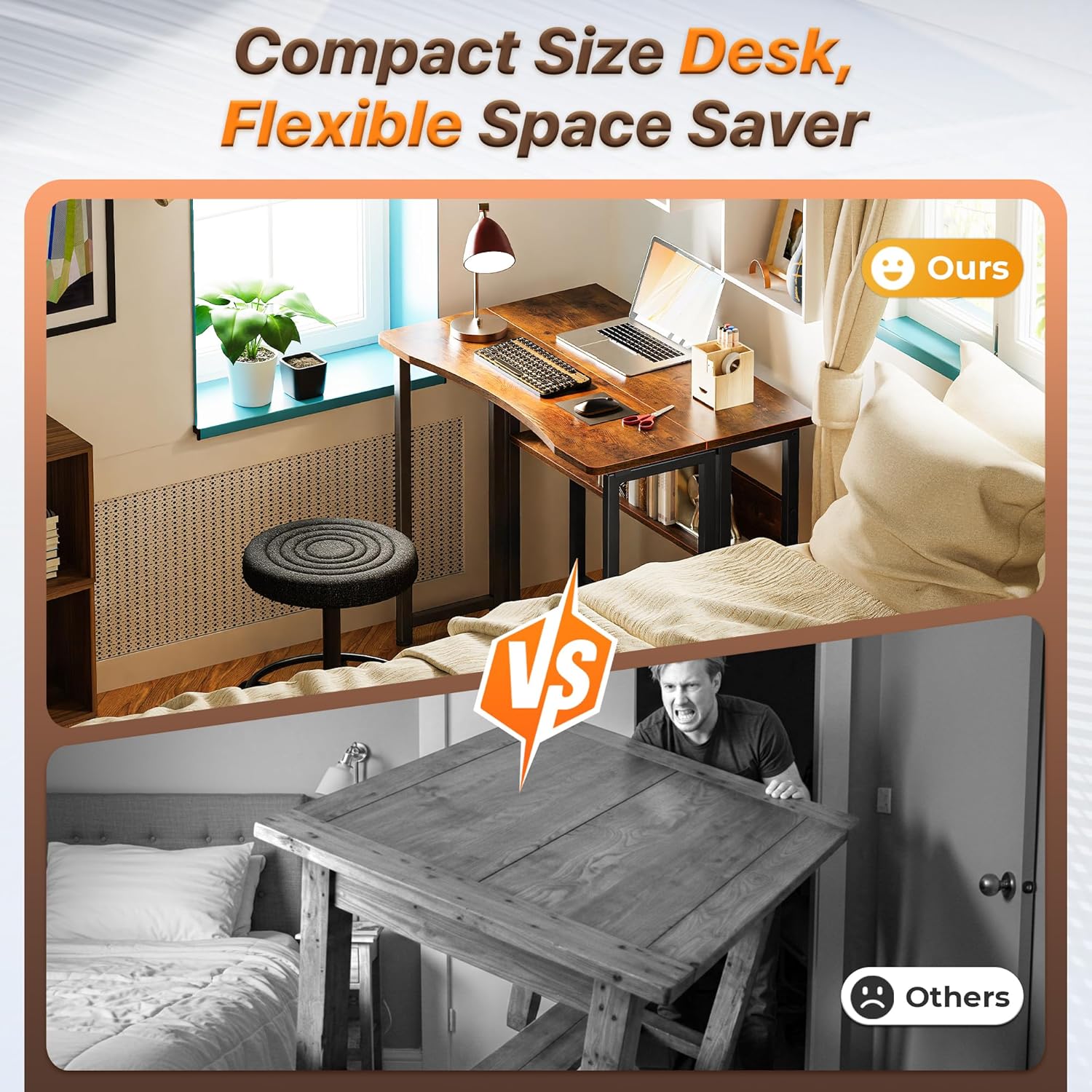Huuger Folding Desk with Storage Shelf, 31.5 Inch Foldable Computer Table for Small Spaces, Space Saving Sofa Table for Couch, Writing Work Office Computer Desk, Easy to Fold, Rustic Brown