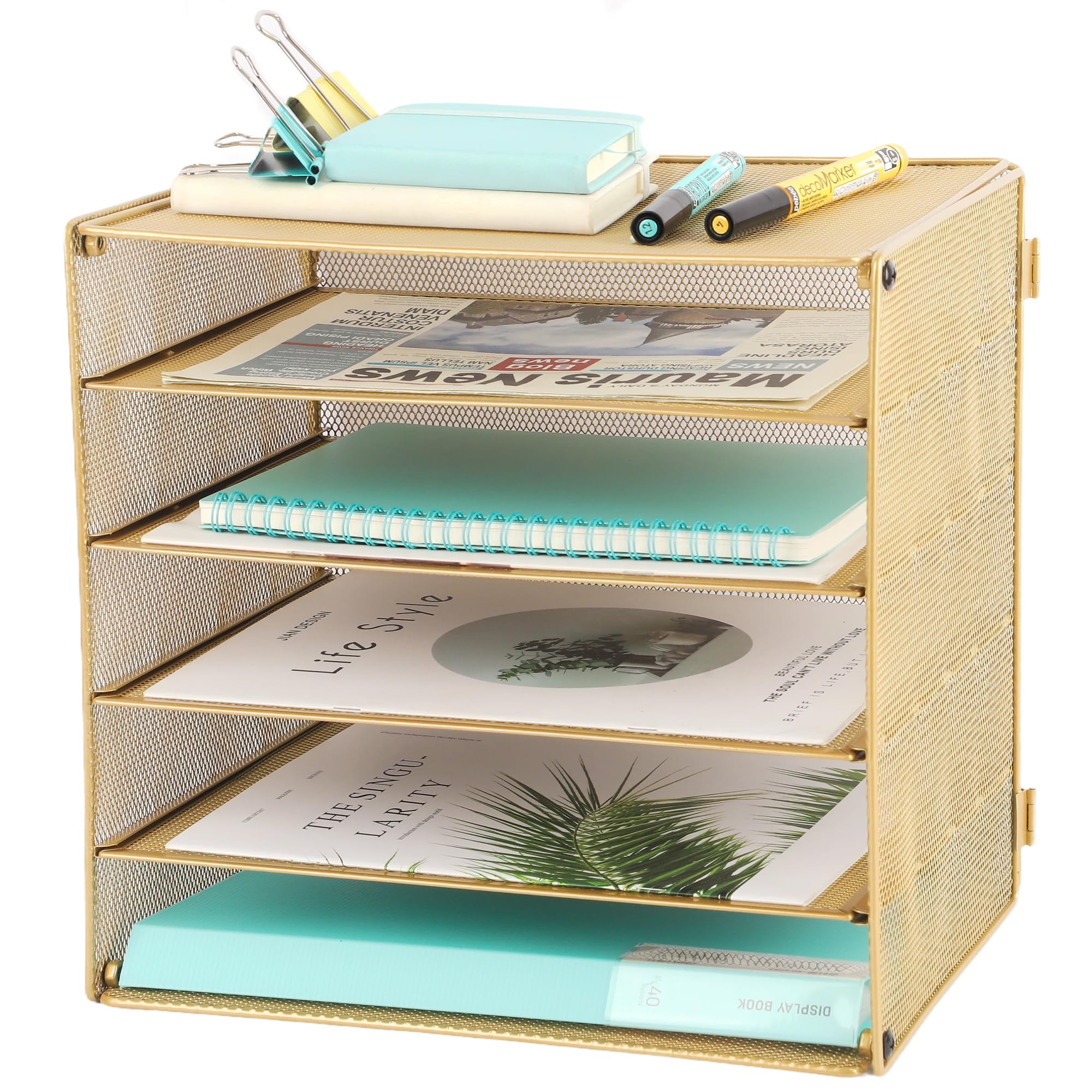 EASEPRES 5 Slot Mesh Desk Organizer Tray, File Paper Letter Folder Holder Desktop Paper Sorter Mail Organization Rack Storage Accessories, for Office Home School Classroom, Black, 2 Pack
