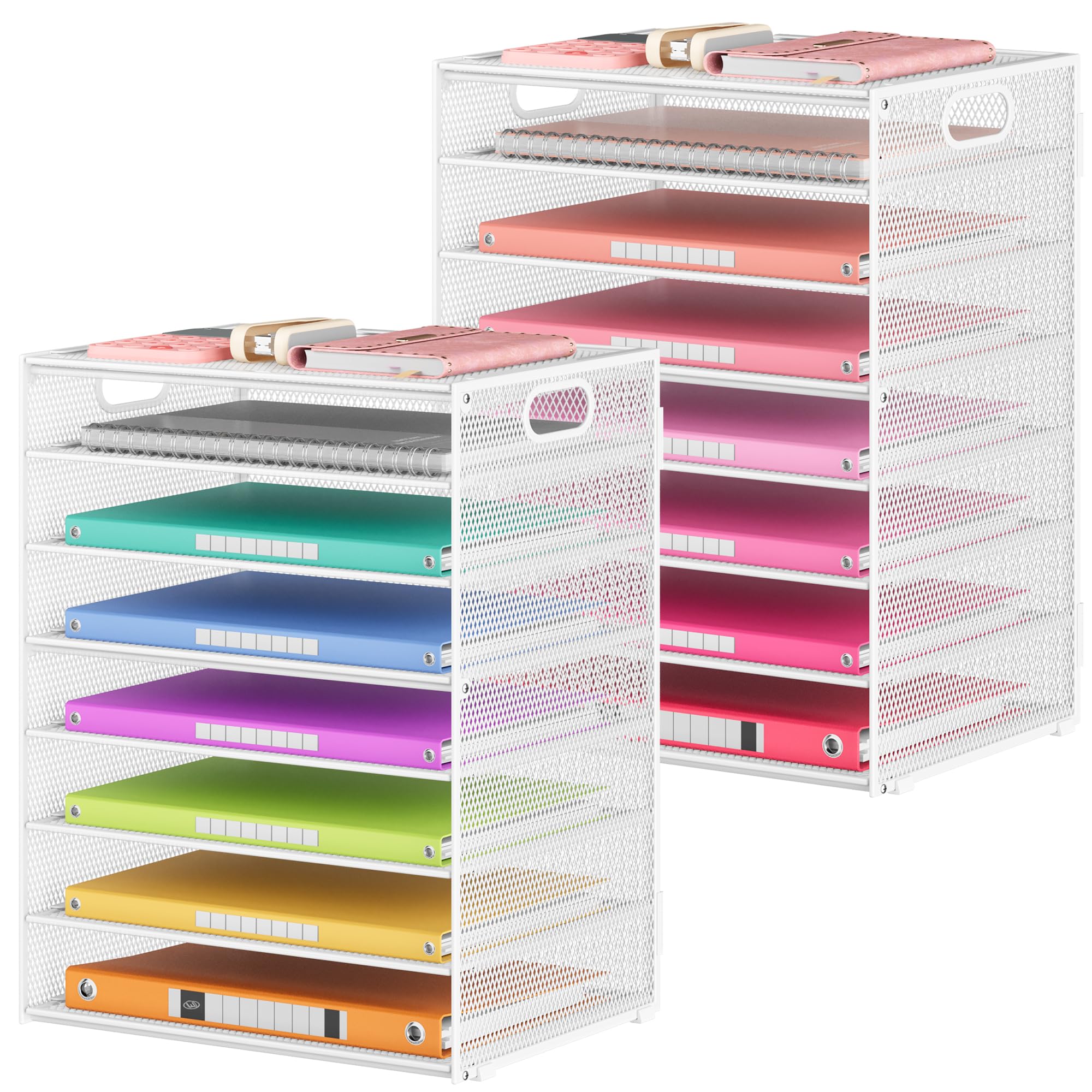 Lavatino 2 Pack 8-Tier Office Desk File Organizer, Letter Tray Paper Organizer with Handle, Including 5 Adjustable Slide Trays for Organizing Desk Workspace Accessories and Supplies (Pink Mesh)
