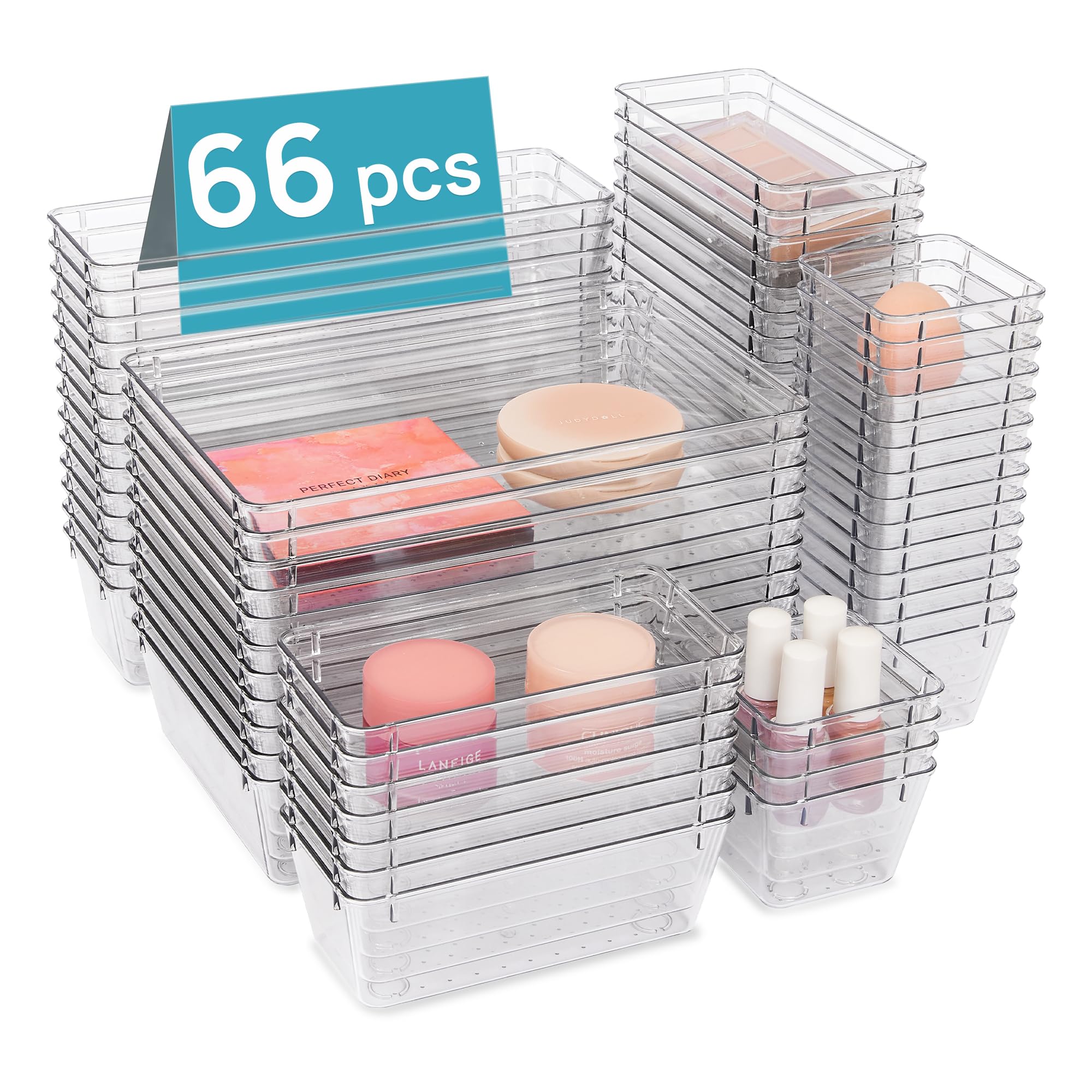 Vtopmart 28 PCS Clear Plastic Drawer Organizers Set, 4-Size Bathroom and Vanity Drawer Organizer Trays, Acrylic Storage Bins for Toiletries, Makeup, Cosmetic, Kitchen Utensils, Tool, Gadgets