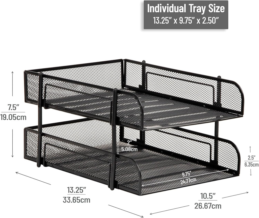 Mind Reader 2-Tier Stackable Paper Tray, Metal Mesh Desk Organizer for Files, Documents, and Mail, Office Desktop Storage, Set of 2, Black