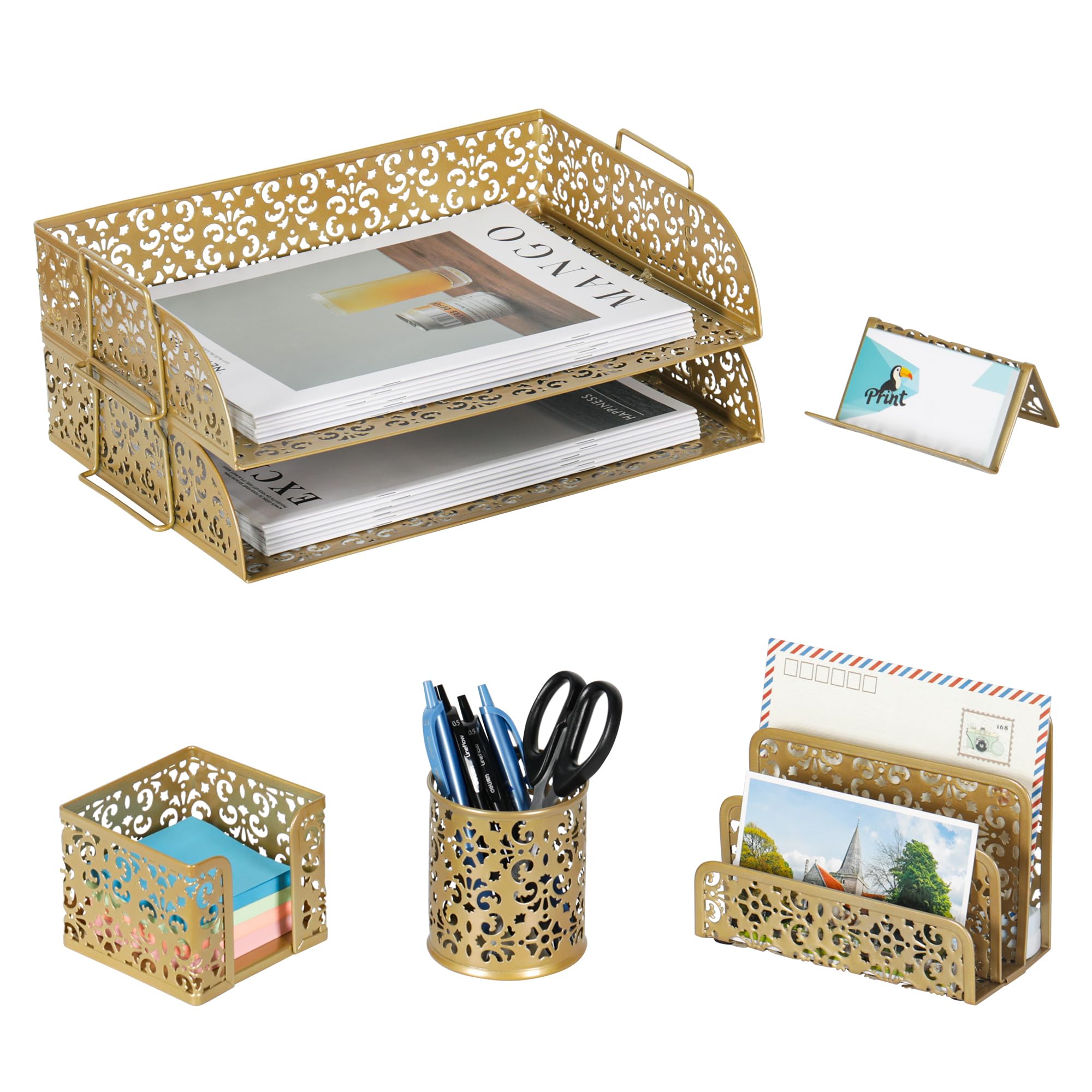 EasyPAG Desk Organizers and Accessories 5 Pieces Office Supplies Set - 2 Tier Paper Tray, Pencil Organizer for Desk, Mail Sorter Countertop, Business Card Holder and Sticky Note Holder, Black