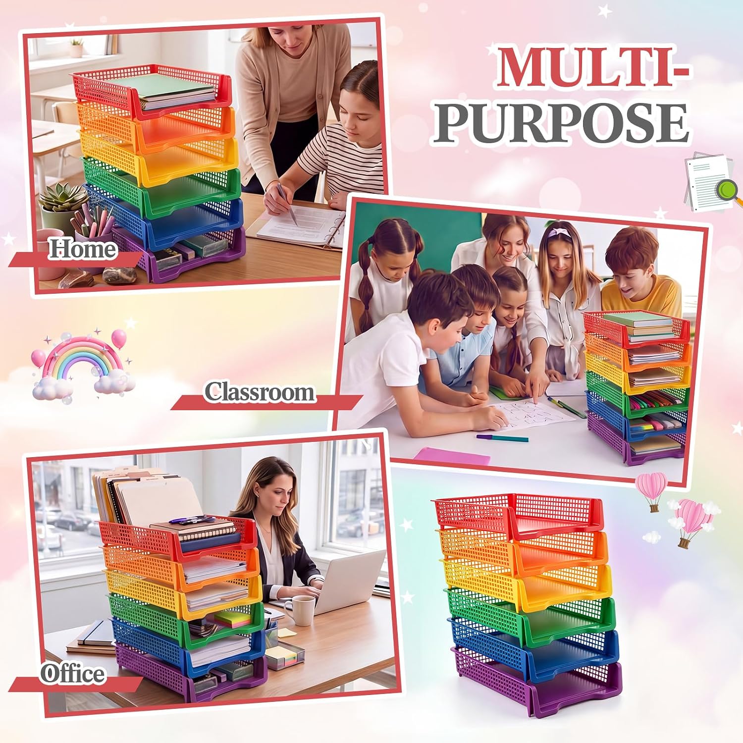 Geetery Set of 12 Plastic Trays for Teachers Turn in Trays Classroom Stackable Paper Tray Plastic Classroom Teachers Desk Letter Organizer Storage Baskets for Office, Desk, Home (Rainbow Color)