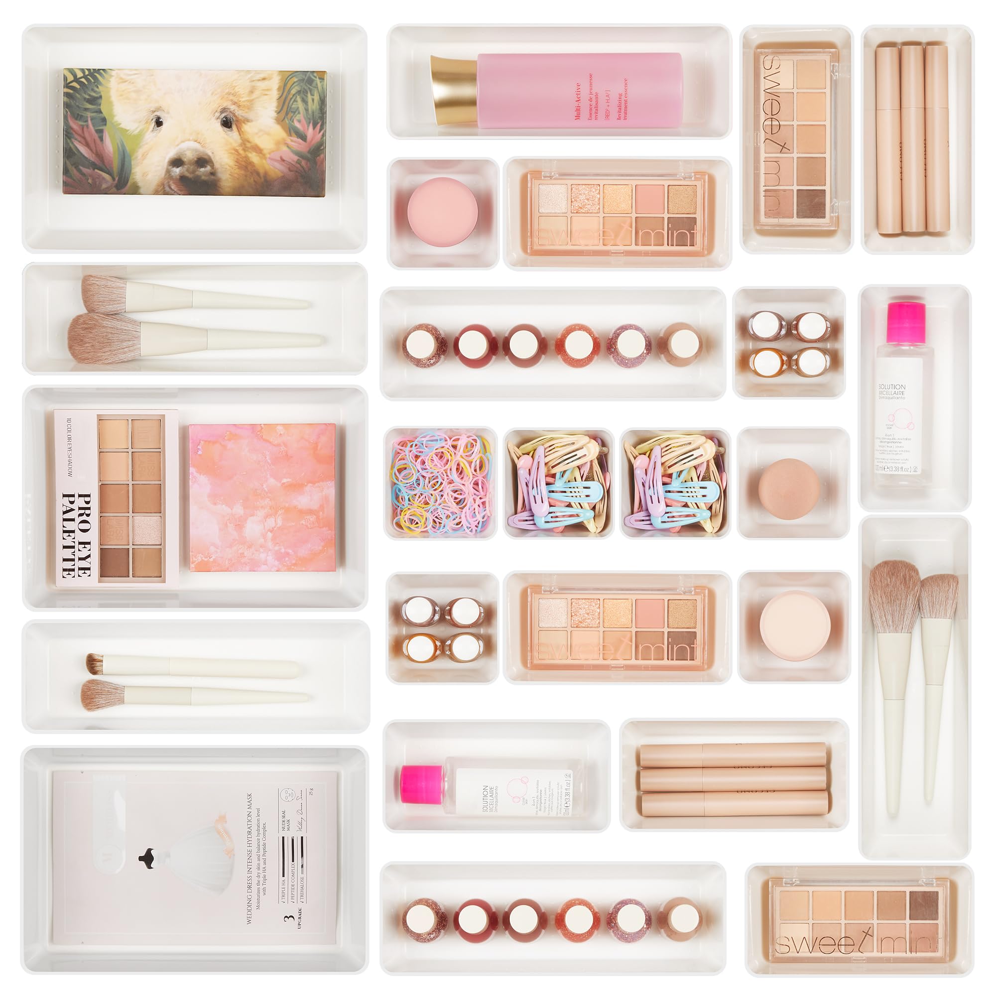 Vtopmart 28 PCS Clear Plastic Drawer Organizers Set, 4-Size Bathroom and Vanity Drawer Organizer Trays, Acrylic Storage Bins for Toiletries, Makeup, Cosmetic, Kitchen Utensils, Tool, Gadgets