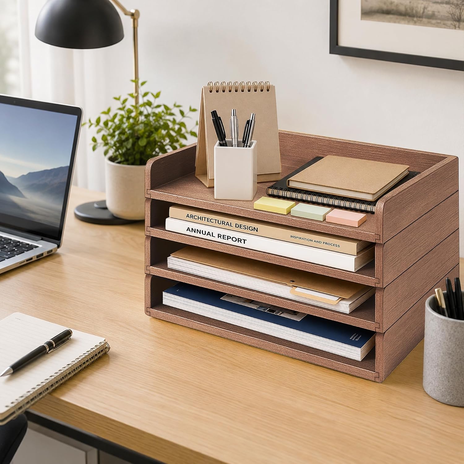 PROLEE 4 Pack Stackable Paper Tray, Wooden Paper Tray Organizer with Letter Tray, Paper Holder for Desk, Desktop File Storage Rack for Study, Home and Office (Walnut)
