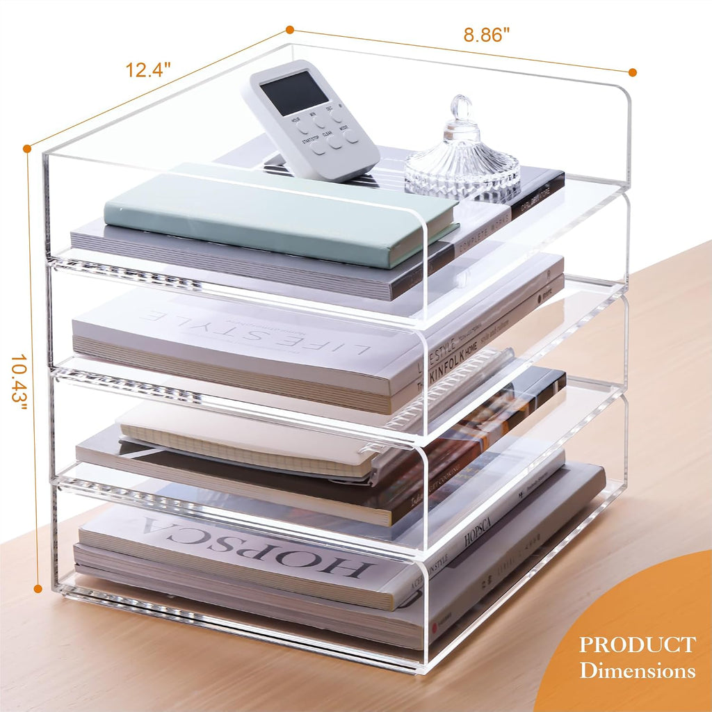 HeZone 4 Tier Paper Organizer for Desk,Acrylic Paper Tray,Clear Stackable Desk Organizer for Document, Office File,A4 Paper