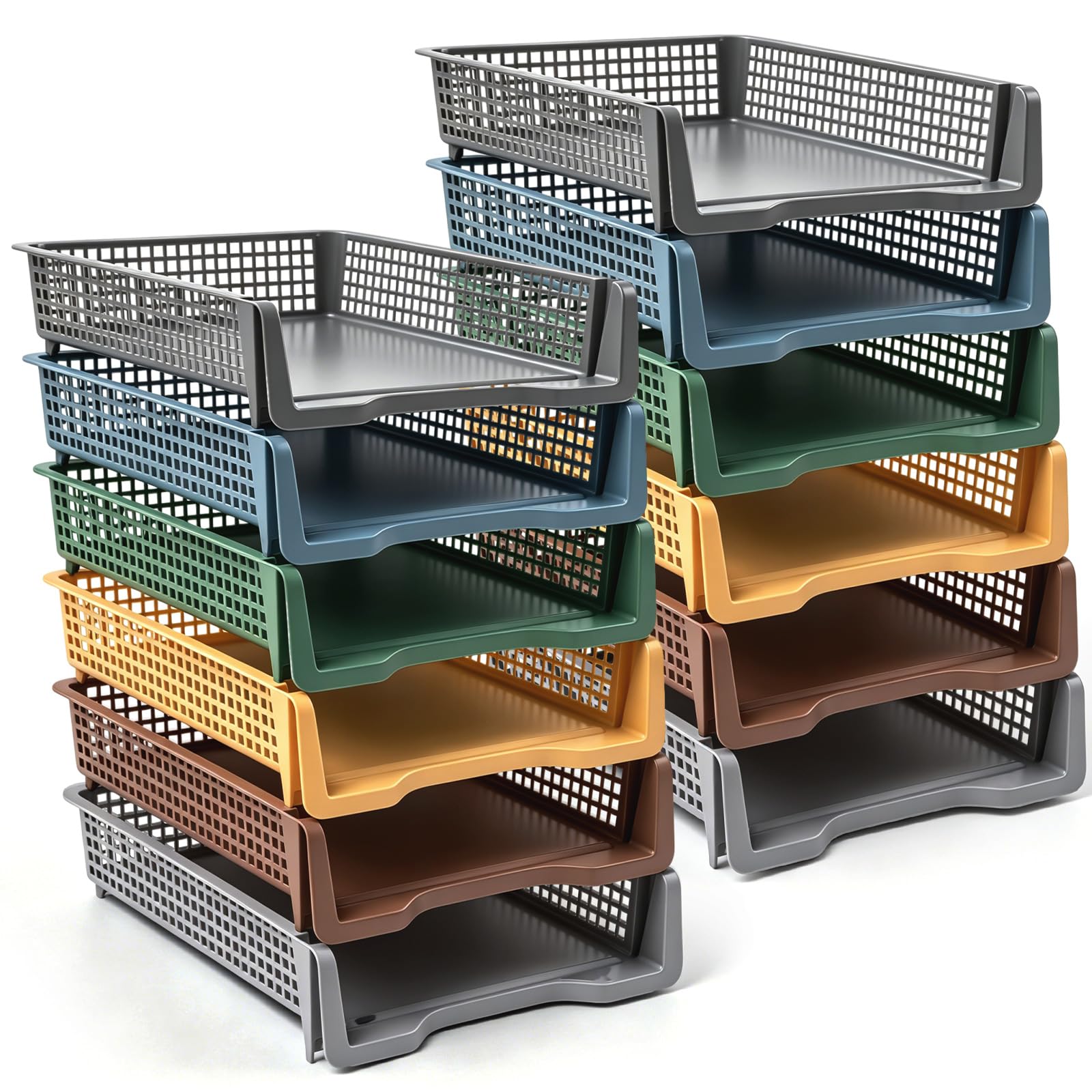 Geetery Set of 12 Plastic Trays for Teachers Turn in Trays Classroom Stackable Paper Tray Plastic Classroom Teachers Desk Letter Organizer Storage Baskets for Office, Desk, Home (Rainbow Color)