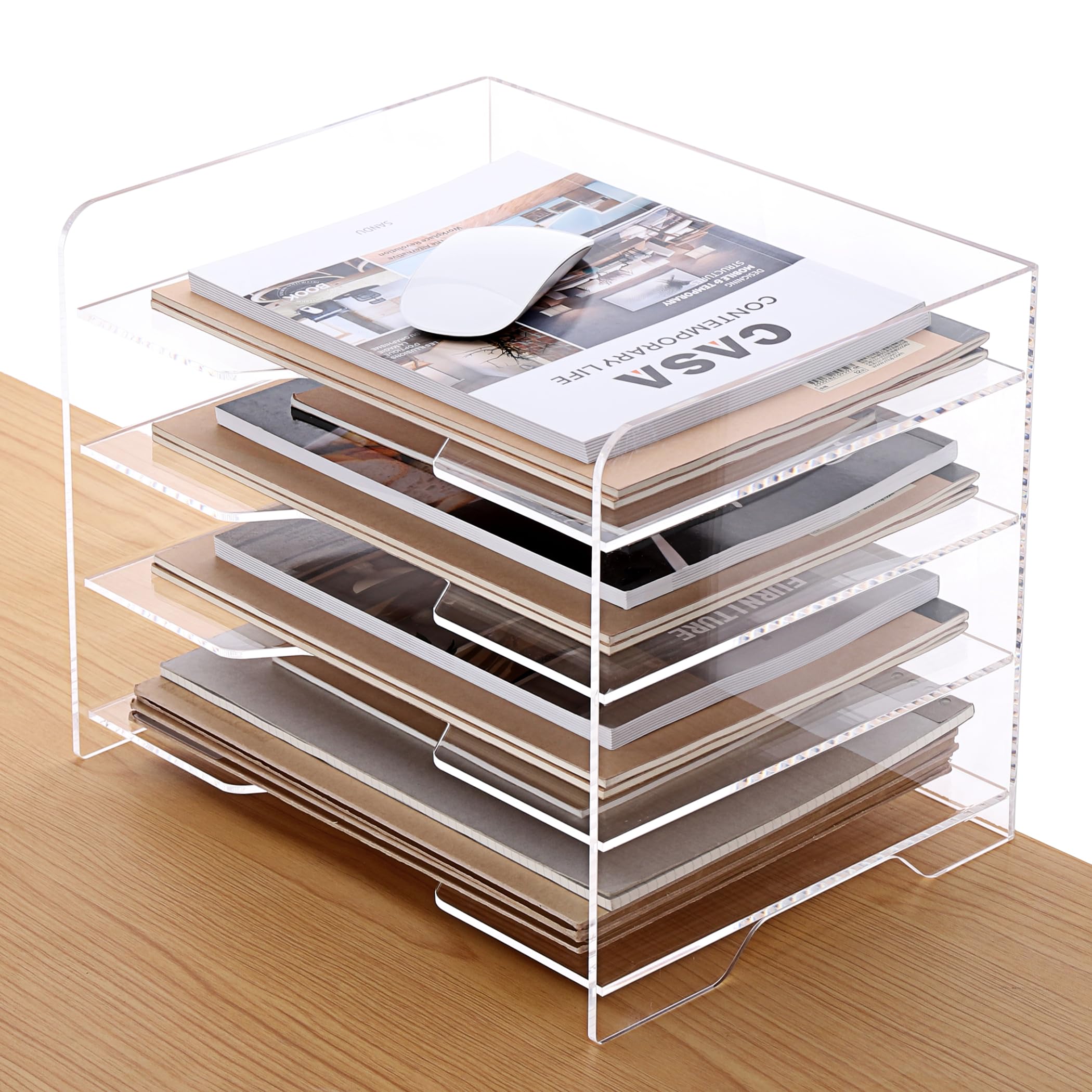 SANRUI 4 Tier Stackable Paper Letter Tray, Acrylic Vertical File Tray A4 Desk Organizer and Accessories Sorter Trays, Clear Workspace Office Supplies Organizers,12inx9.25inx6.6in