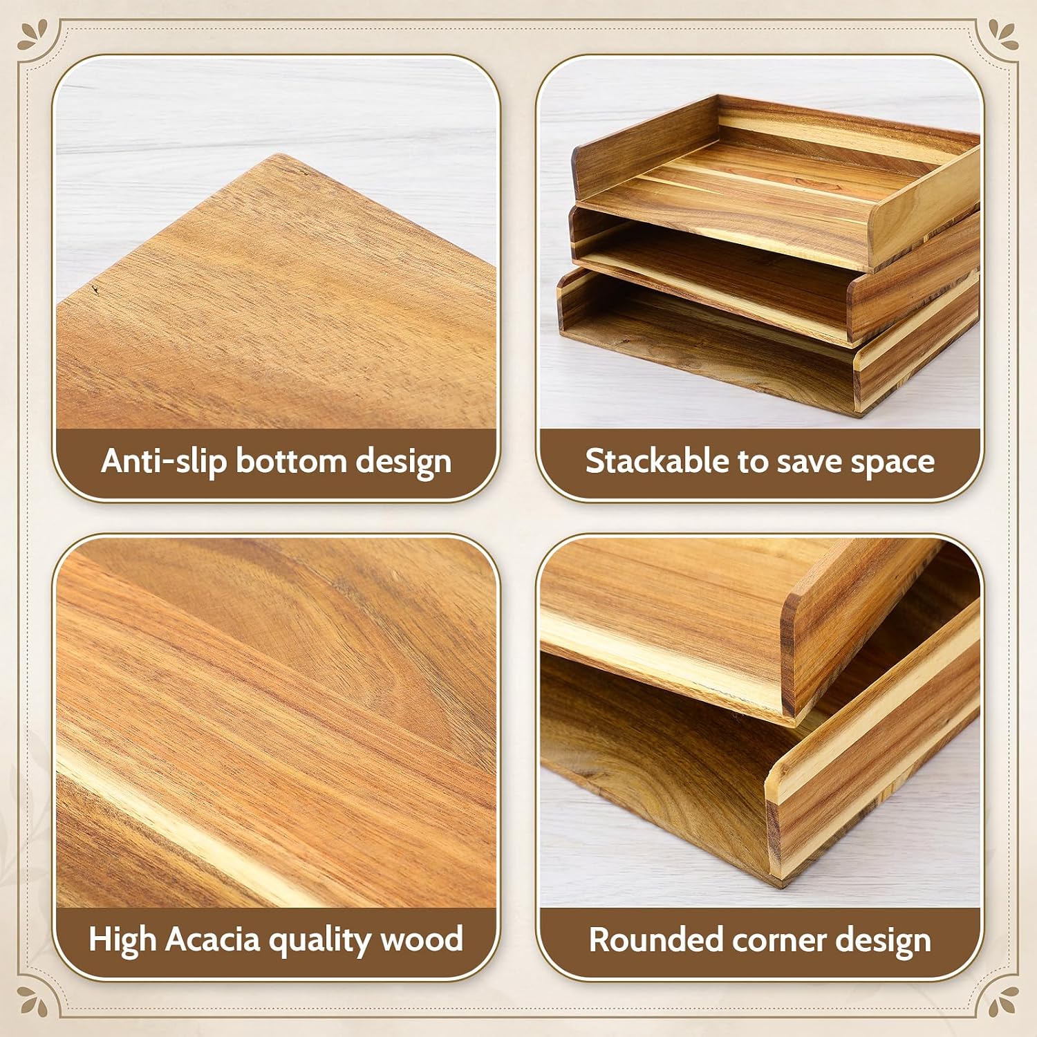 Novabright 6 Pack Acacia Wood Stackable Letter Trays, Desktop File Document Organizer for Office
