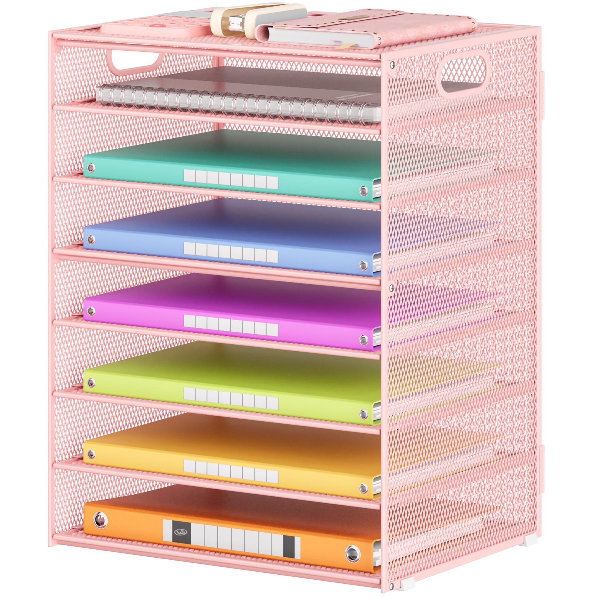 Lavatino 2 Pack 8-Tier Office Desk File Organizer, Letter Tray Paper Organizer with Handle, Including 5 Adjustable Slide Trays for Organizing Desk Workspace Accessories and Supplies (Pink Mesh)