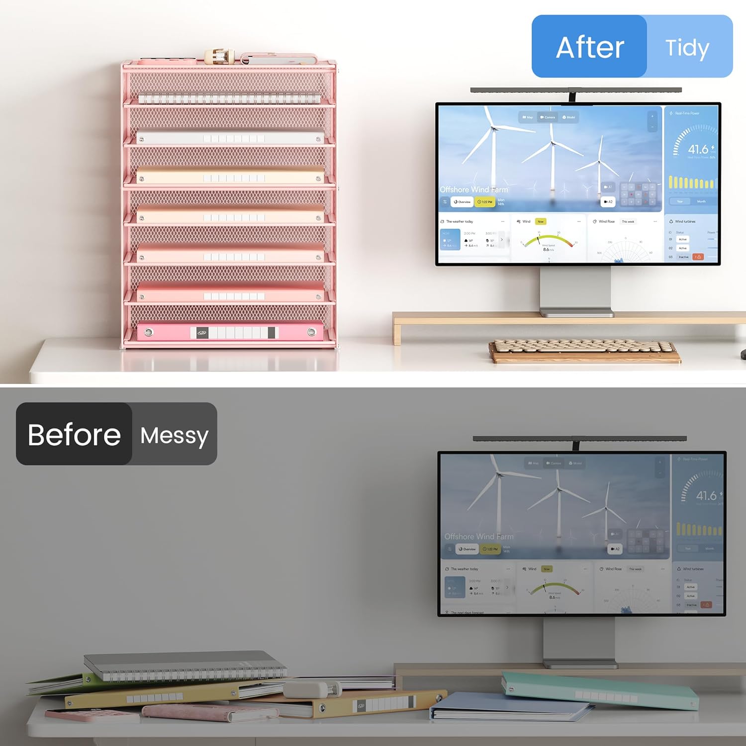 Lavatino 2 Pack 8-Tier Office Desk File Organizer, Letter Tray Paper Organizer with Handle, Including 5 Adjustable Slide Trays for Organizing Desk Workspace Accessories and Supplies (Pink Mesh)