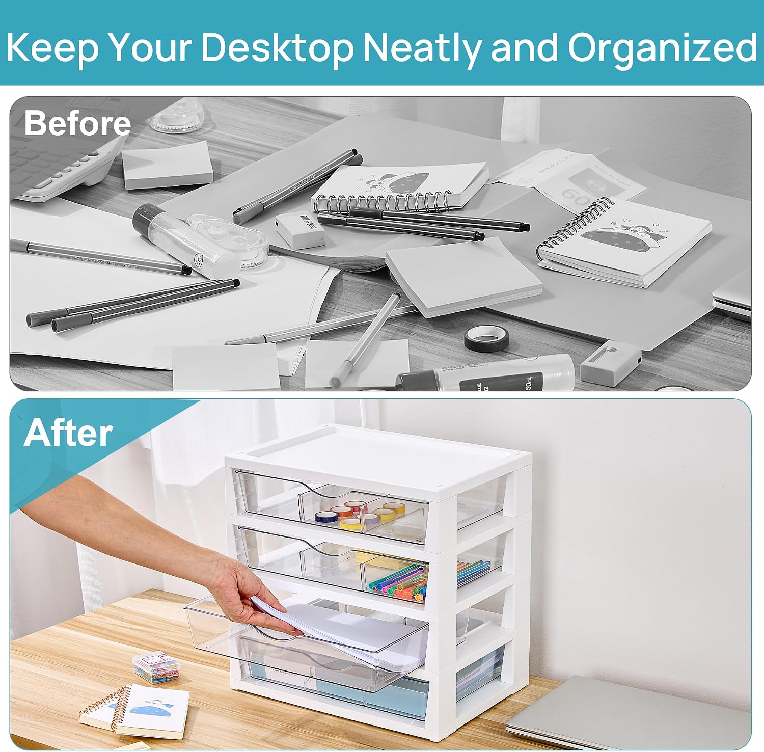 Vtopmart Clear Plastic Desk Organizer, 4-Tier Assemble Desktop File Organizer with Drawers, Office Desk Organization for Office Supplies