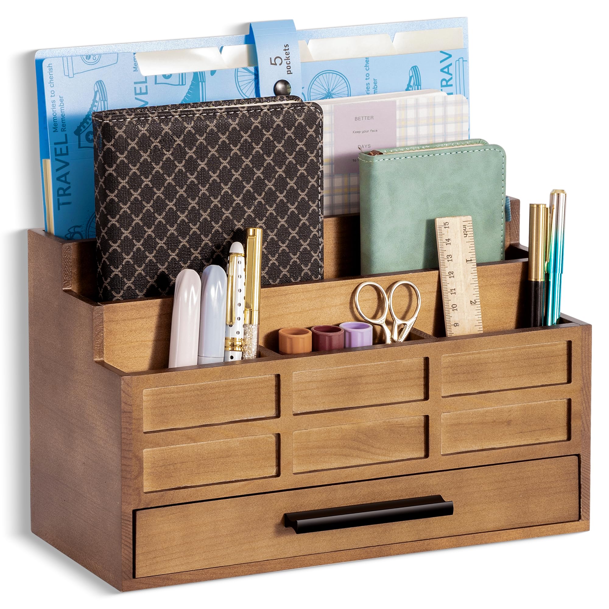 dreampossible Brown Wood Desk Organizer and Accessories with Drawer, Bill Mail Organizer and File Mail Holder for Office Supplies, Desk Accessories & Workspace Organizers