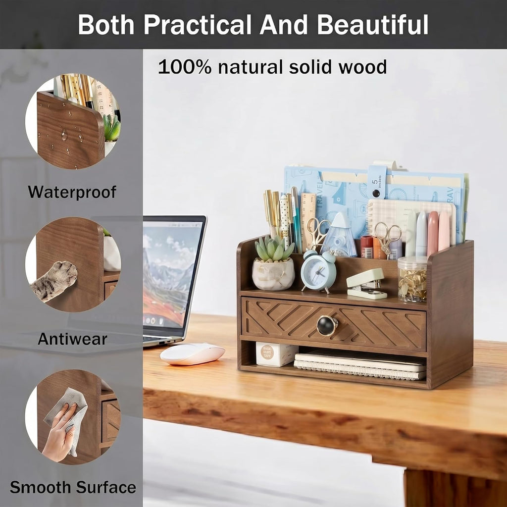 dreampossible Brown Wood Desk Organizer and Accessories with Drawer, Bill Mail Organizer and File Mail Holder for Office Supplies, Desk Accessories & Workspace Organizers