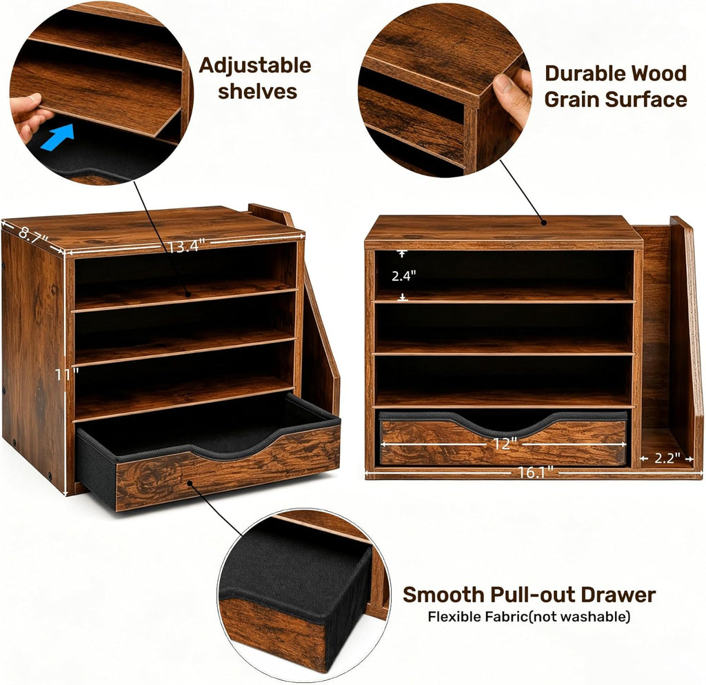 Wooden Desk Organizer with Drawers, 4 Tier Office Organizer and Accessories, Paper File Mail Organizer, Brown