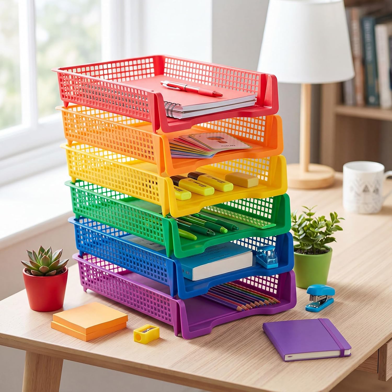 Geetery Set of 12 Plastic Trays for Teachers Turn in Trays Classroom Stackable Paper Tray Plastic Classroom Teachers Desk Letter Organizer Storage Baskets for Office, Desk, Home (Rainbow Color)