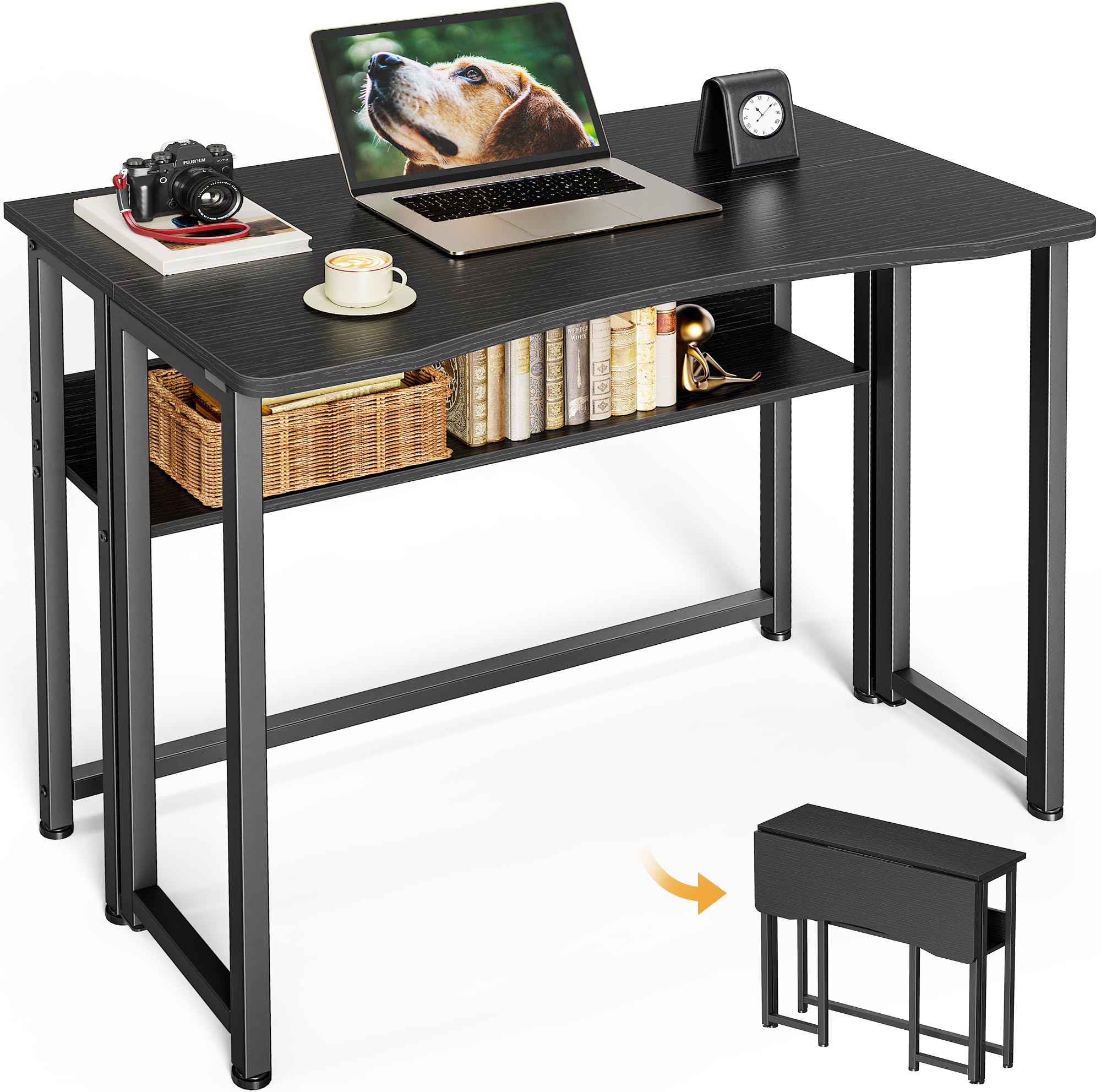 Huuger Folding Desk with Storage Shelf, 31.5 Inch Foldable Computer Table for Small Spaces, Space Saving Sofa Table for Couch, Writing Work Office Computer Desk, Easy to Fold, Rustic Brown