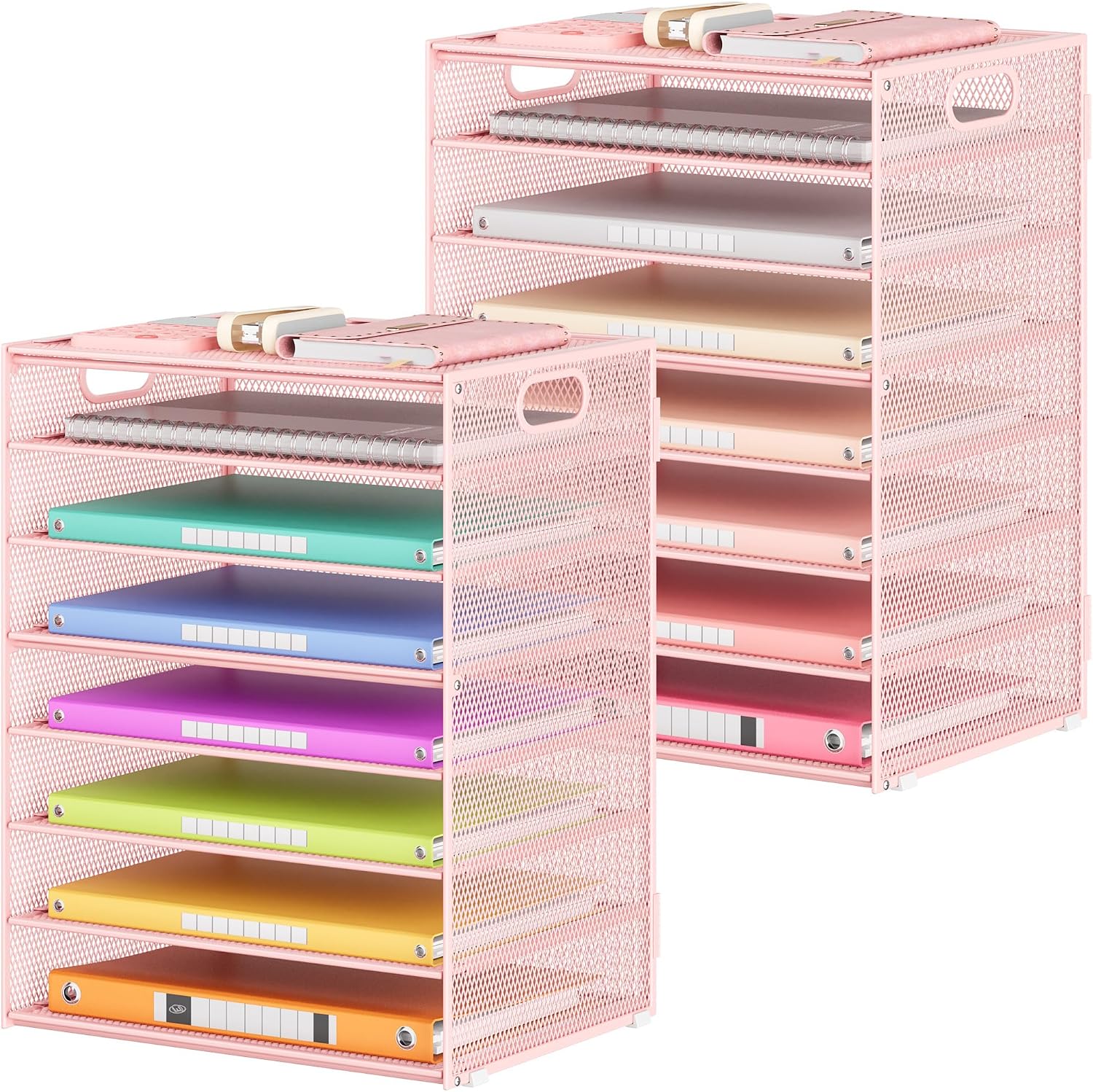 Lavatino 2 Pack 8-Tier Office Desk File Organizer, Letter Tray Paper Organizer with Handle, Including 5 Adjustable Slide Trays for Organizing Desk Workspace Accessories and Supplies (Pink Mesh)