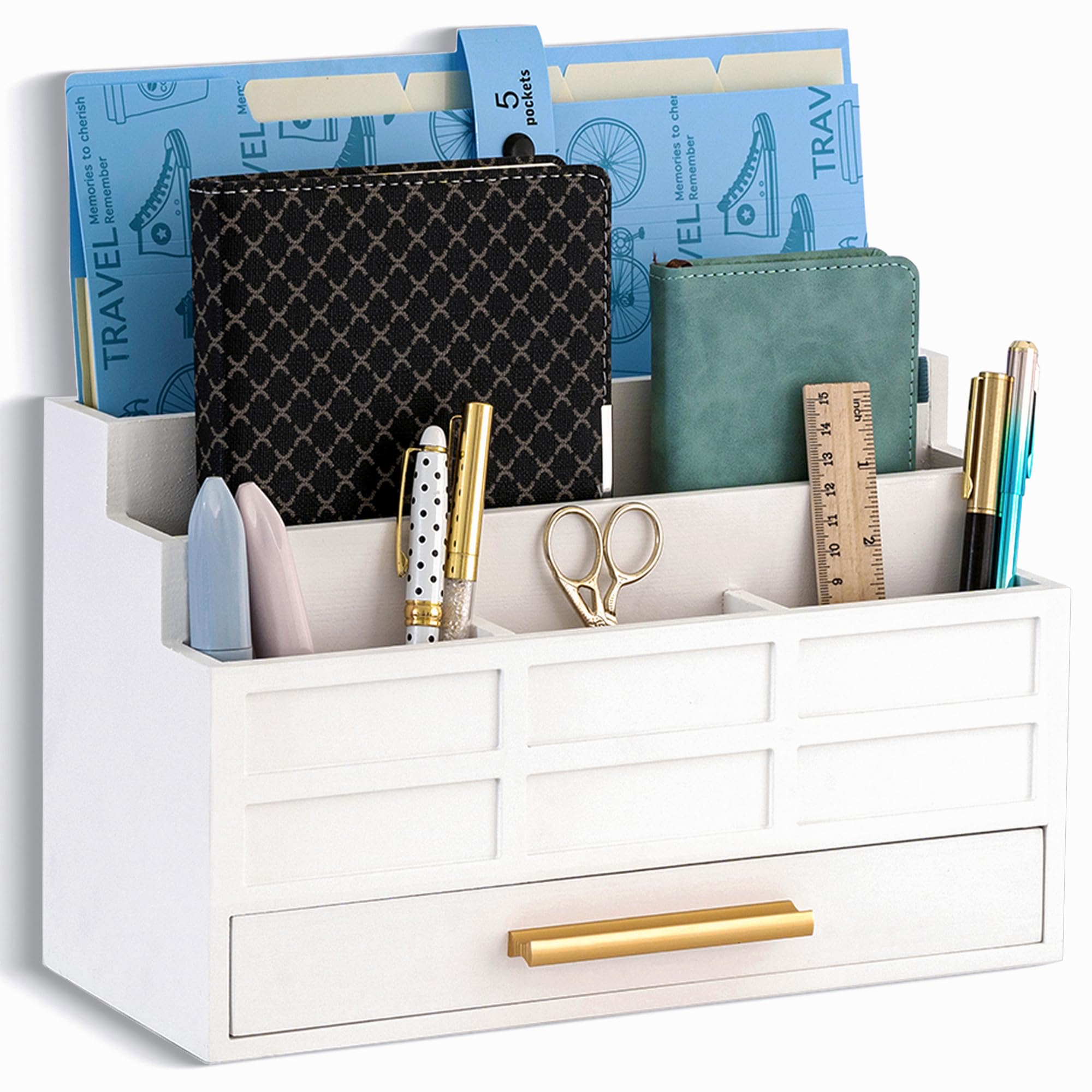 dreampossible Brown Wood Desk Organizer and Accessories with Drawer, Bill Mail Organizer and File Mail Holder for Office Supplies, Desk Accessories & Workspace Organizers