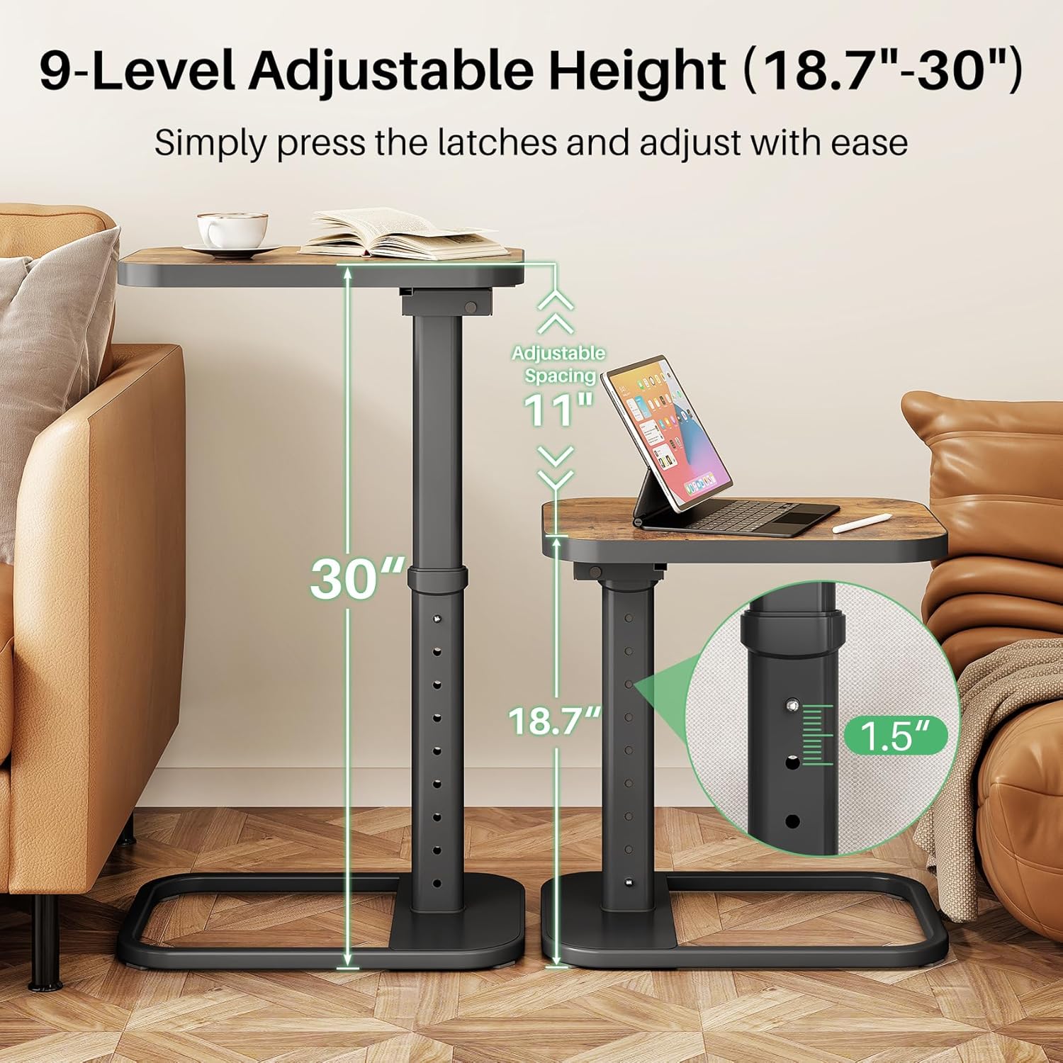 Adjustable Flip-Top C-Shaped TV Tray Table with Safe Metal Corners, Sofa Bed Side Table for Laptops & Meals