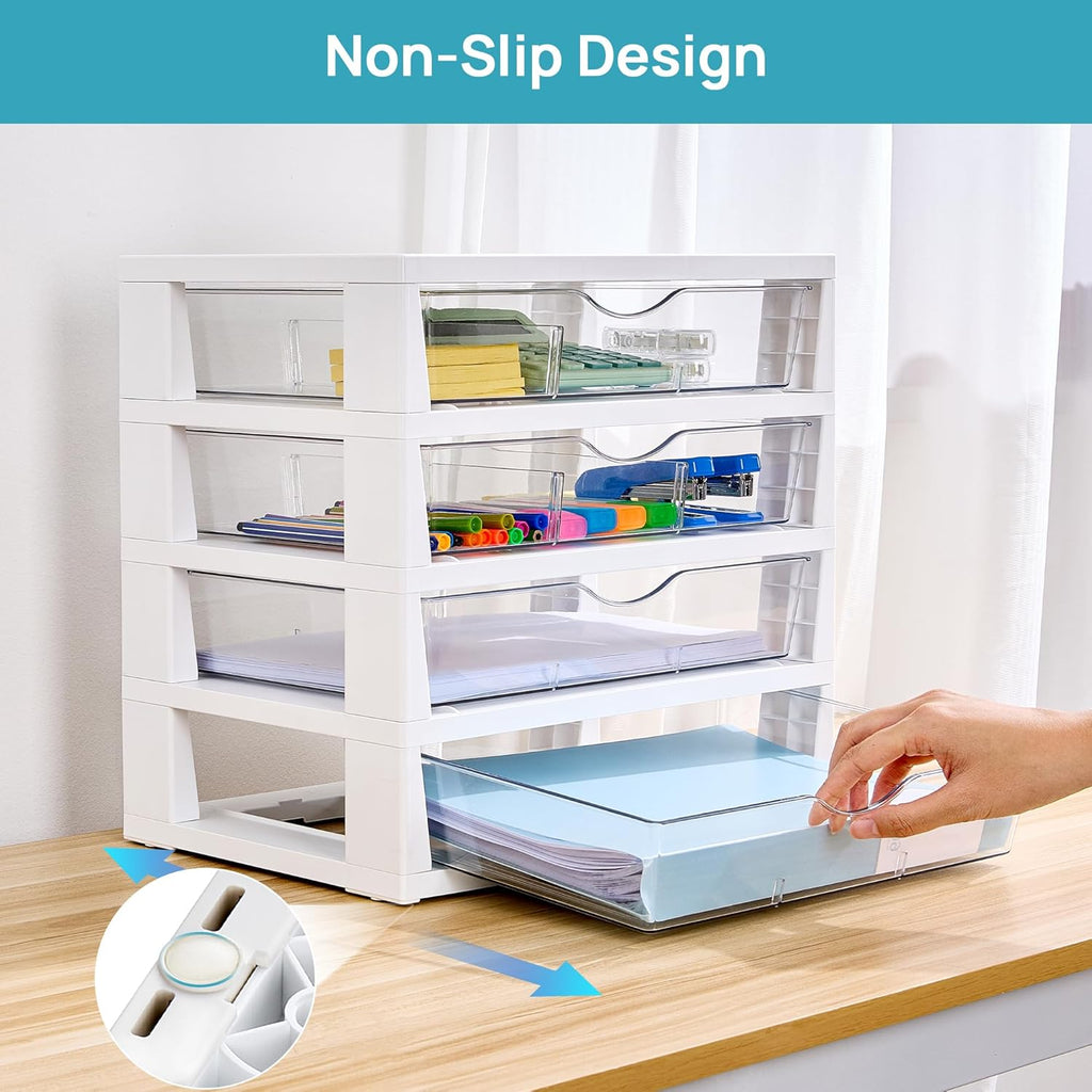 Vtopmart Clear Plastic Desk Organizer, 4-Tier Assemble Desktop File Organizer with Drawers, Office Desk Organization for Office Supplies