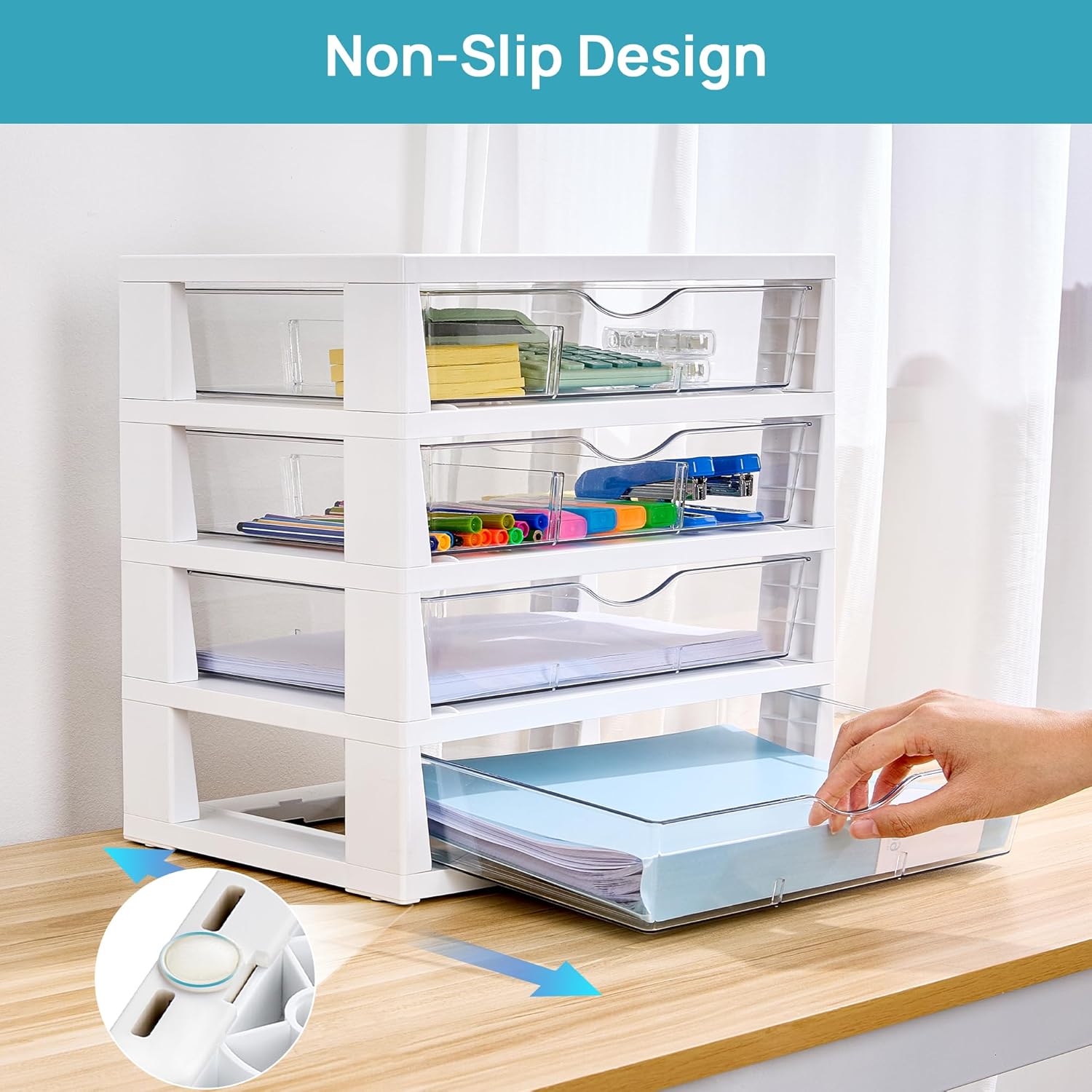 Vtopmart Clear Plastic Desk Organizer, 4-Tier Assemble Desktop File Organizer with Drawers, Office Desk Organization for Office Supplies