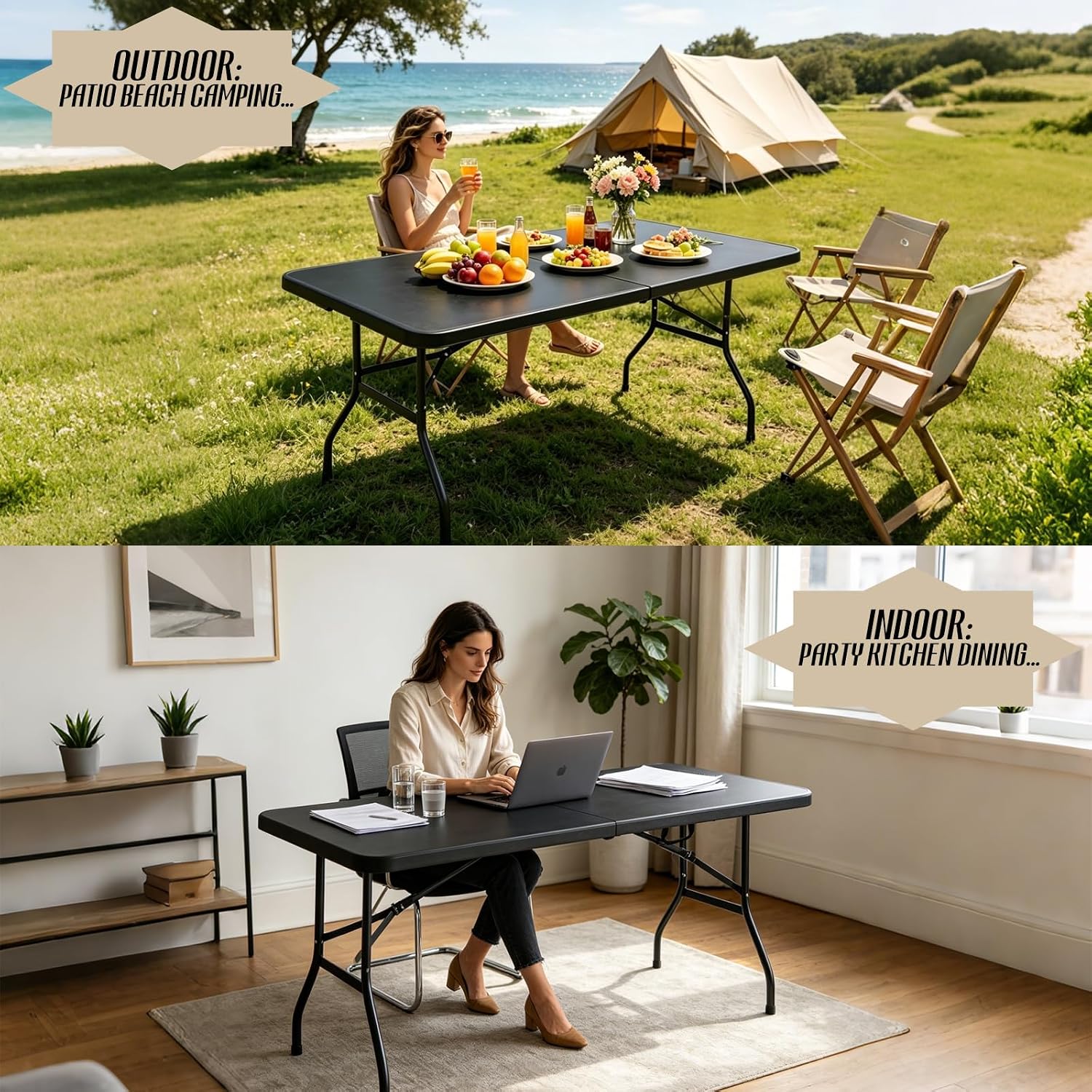 Portable Plastic Folding Table 4ft/6ft/8ft Heavy Duty White Black Picnic Dining Table Fold-in-Half for Camp Party Kitchen Indoor Outdoor