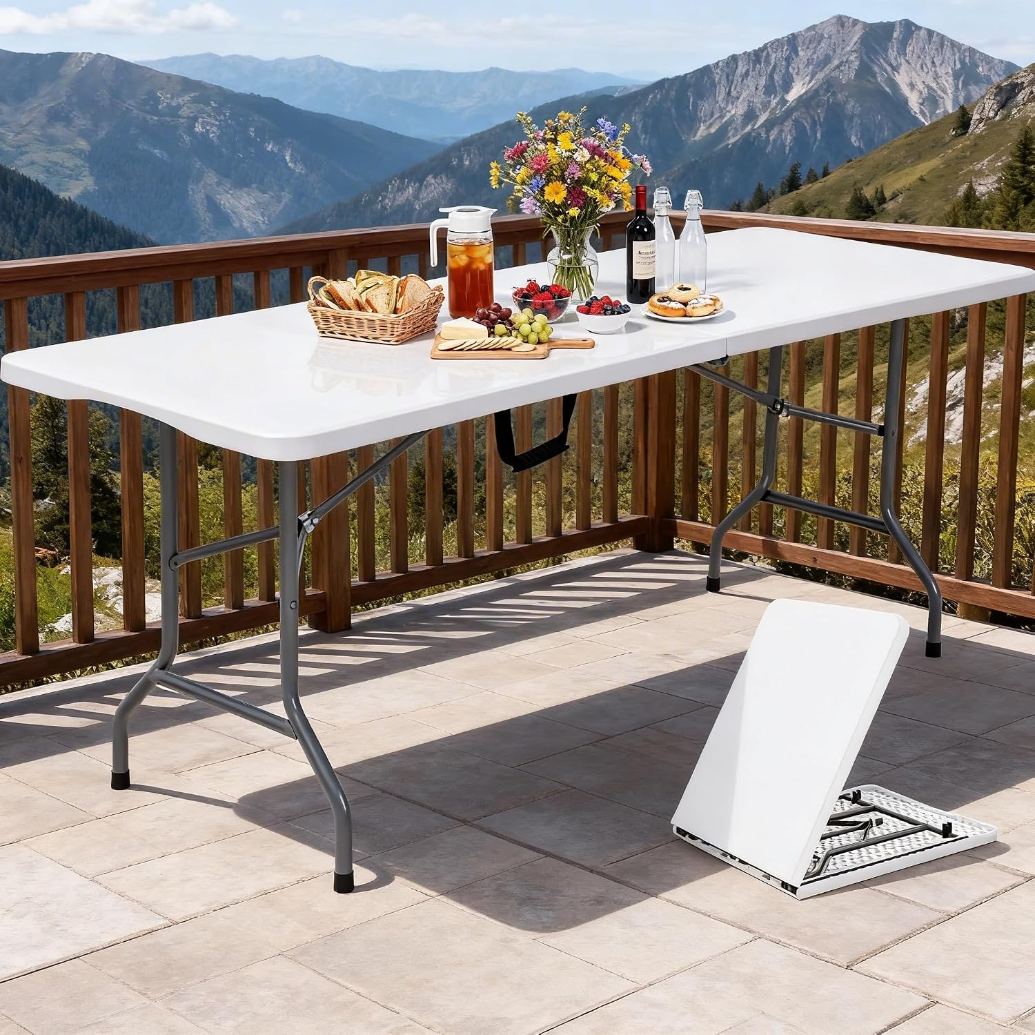 DWVO 6FT Folding Table, Heavy Duty Folding Tables with Carrying Handle, HDPE Fold up Table for Outdoor Camping Picnic Parties, Indoor Events (White)