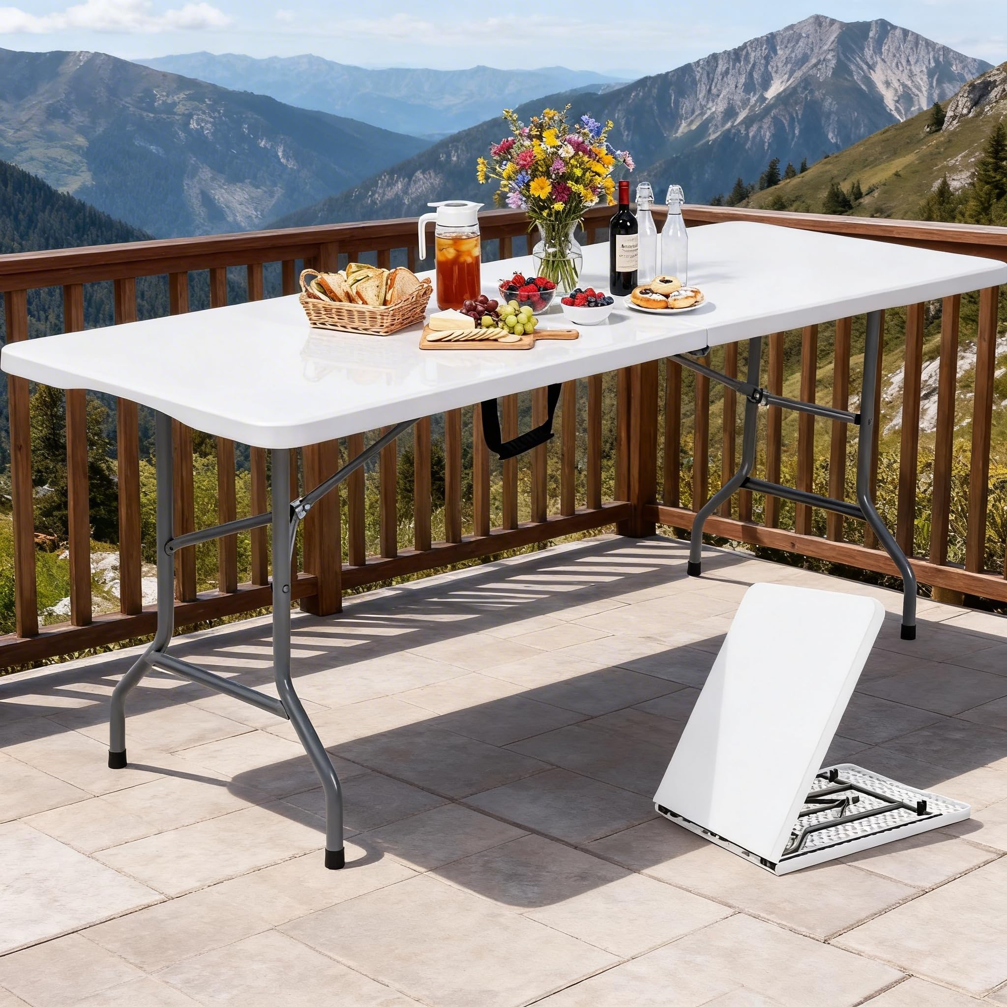 DWVO 6FT Folding Table, Heavy Duty Folding Tables with Carrying Handle, HDPE Fold up Table for Outdoor Camping Picnic Parties, Indoor Events (White)