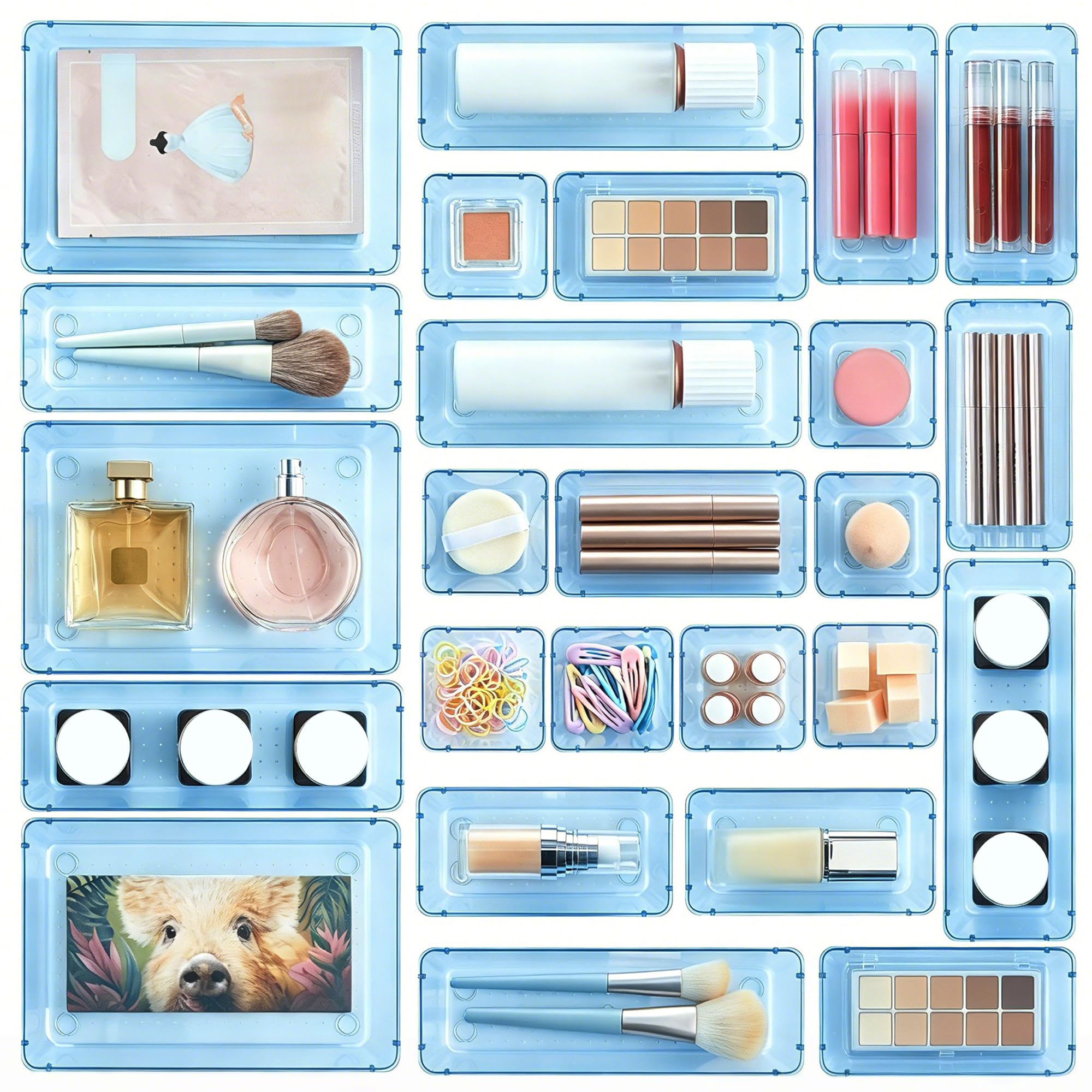 Vtopmart 28 PCS Clear Plastic Drawer Organizers Set, 4-Size Bathroom and Vanity Drawer Organizer Trays, Acrylic Storage Bins for Toiletries, Makeup, Cosmetic, Kitchen Utensils, Tool, Gadgets