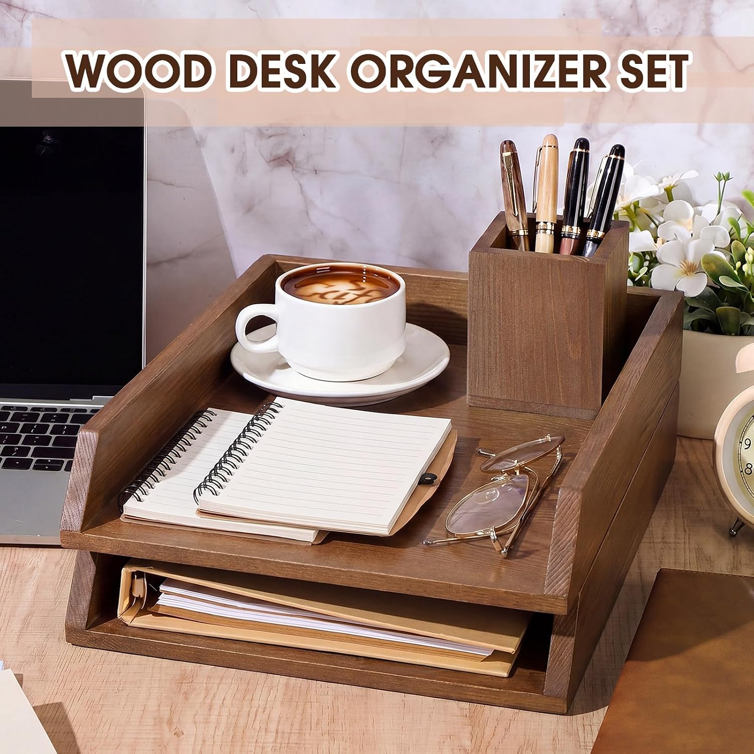 Nuanchu 2 Pcs Wooden Letter Trays with Pen Holder Wood Desk Organizer Set Heavy Duty 2 Tier Brown Stackable Supports Letter-Size Paper Tray Desktop Drawer Pen Magazine File Folder Office Accessories