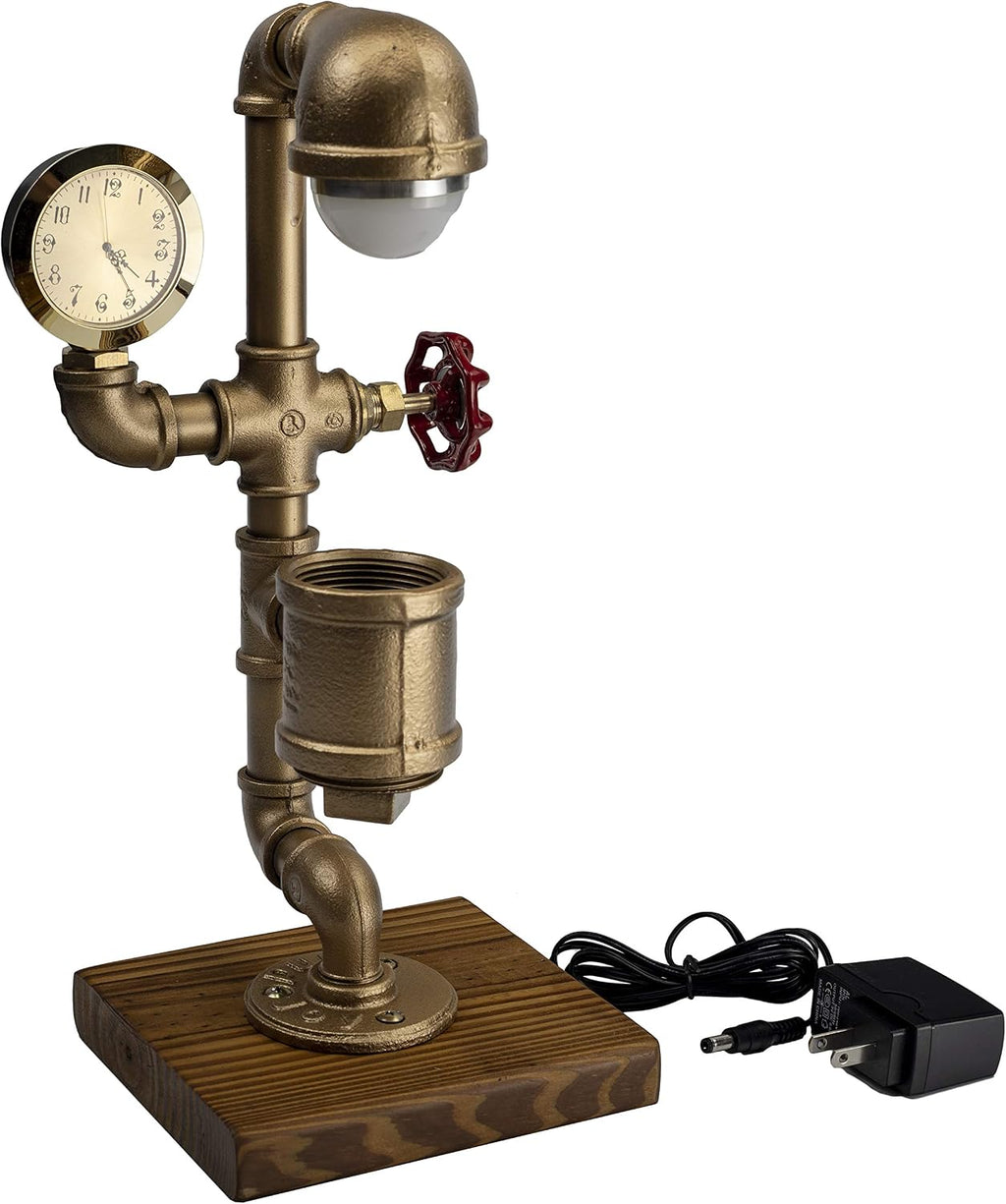 Industrial Steampunk LED Desk Lamp Kangaroo with Pen Holder Organizer, Wood Base with Iron Piping Loft Style Vintage Antique Light, Retro Desk Lamp