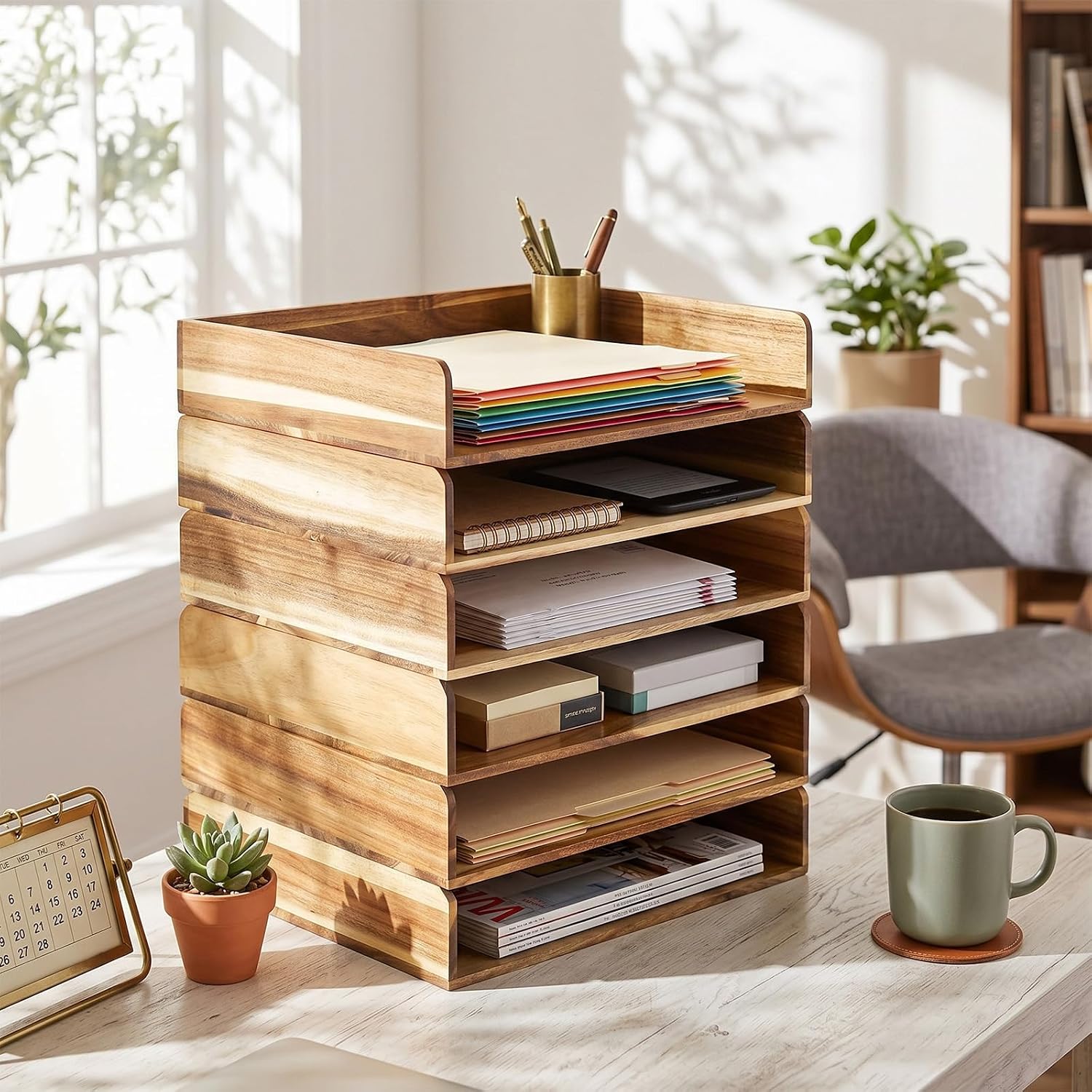 Novabright 6 Pack Acacia Wood Stackable Letter Trays, Desktop File Document Organizer for Office