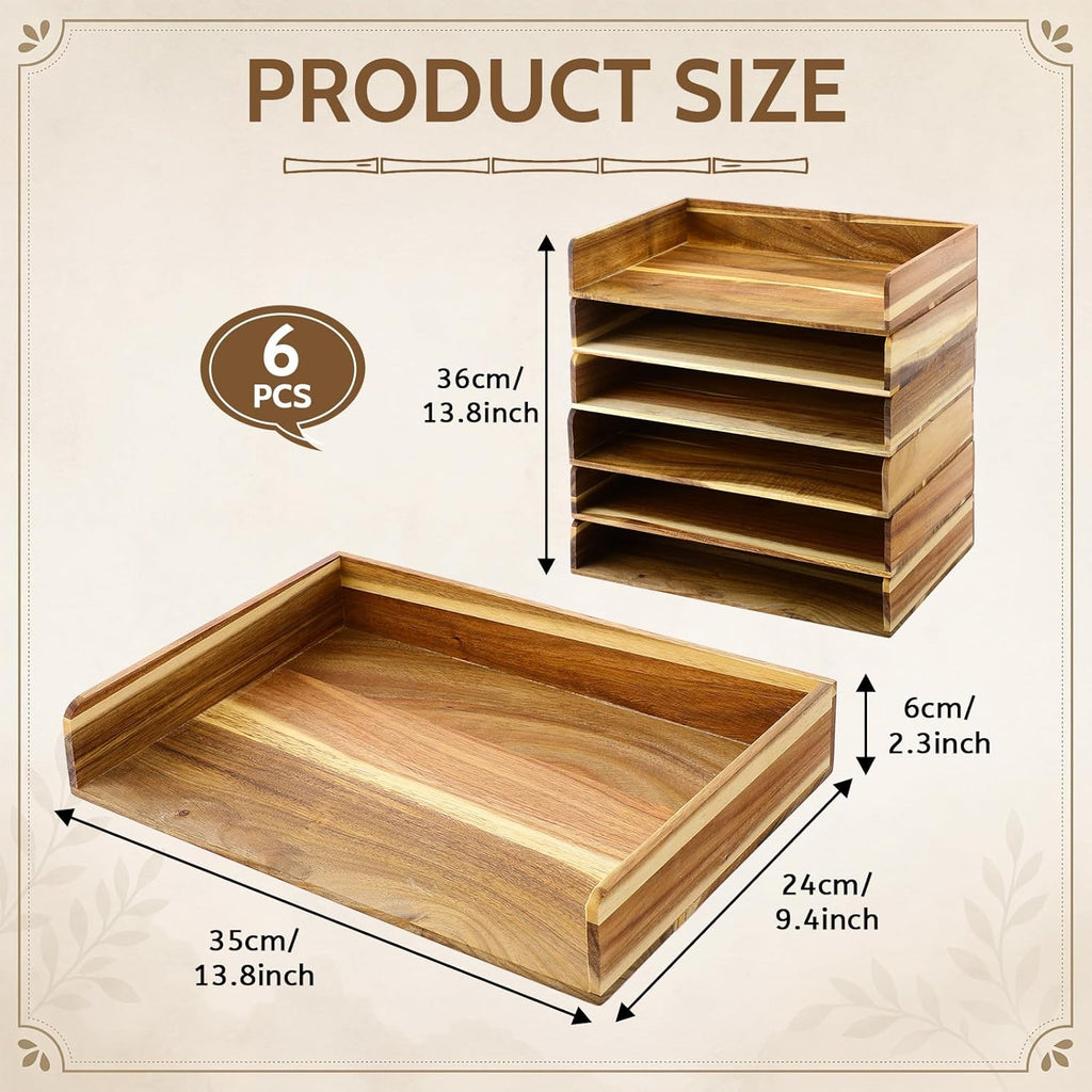 Novabright 6 Pack Acacia Wood Stackable Letter Trays, Desktop File Document Organizer for Office