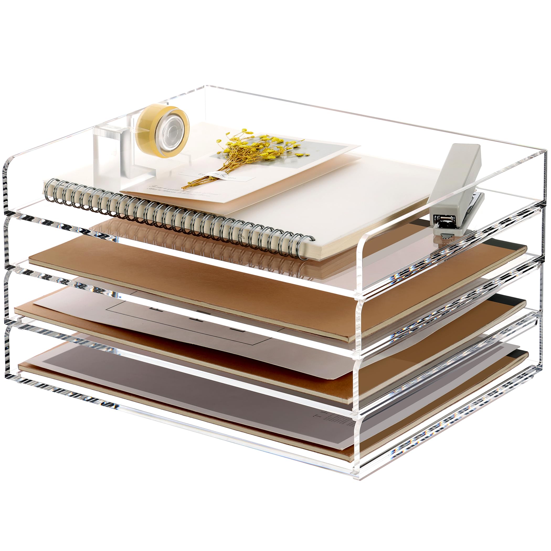 SANRUI 4 Tier Stackable Paper Letter Tray, Acrylic Vertical File Tray A4 Desk Organizer and Accessories Sorter Trays, Clear Workspace Office Supplies Organizers,12inx9.25inx6.6in