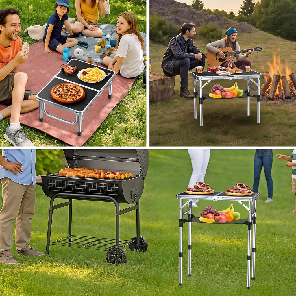 Anbte Folding Camping Table, Aluminum 24" x 16" Adjustable Height Small Folding Table with Carrying Handle, Lightweight, Portable Camping Table Waterproof for Outdoor Indoor Picnic Beach BBQ (Black)