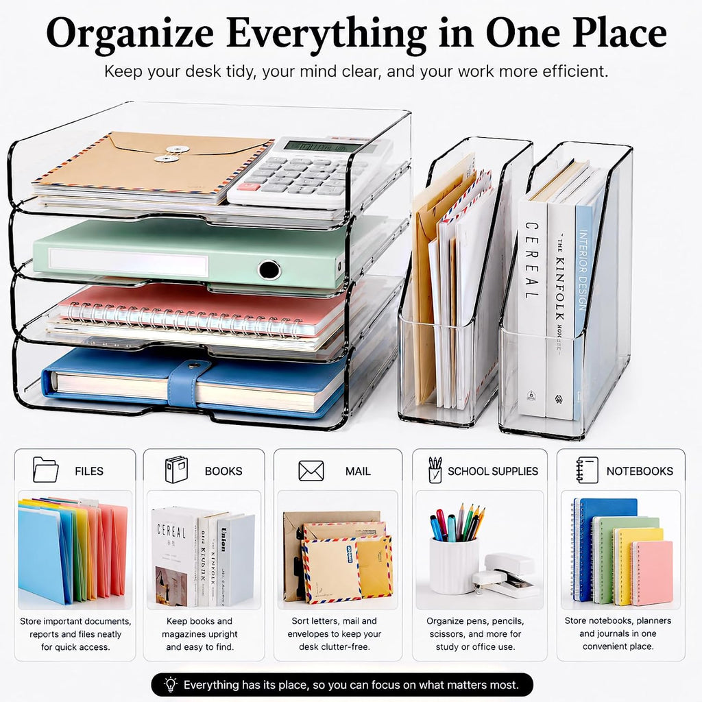 DCA Clear Acrylic Desk Organizer Set, 4 Tier Letter Tray with 2 Magazine File Holders, Clear Paper Organizer for Office, Home, School, Desktop File Storage for Documents, Books & Supplies