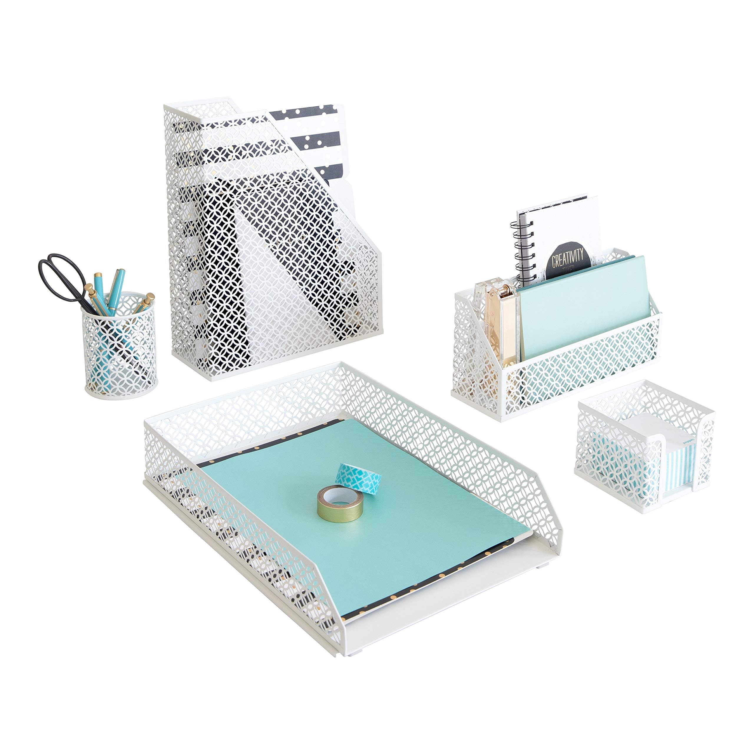 BLU MONACO | Gold Desk Organizer Set with Mail Sorter, Sticky Note Holder, Pen Cup, Magazine Holder, Letter Tray & Business Card Holder | Stylish Desk Accessories for Women & Home Office Décor