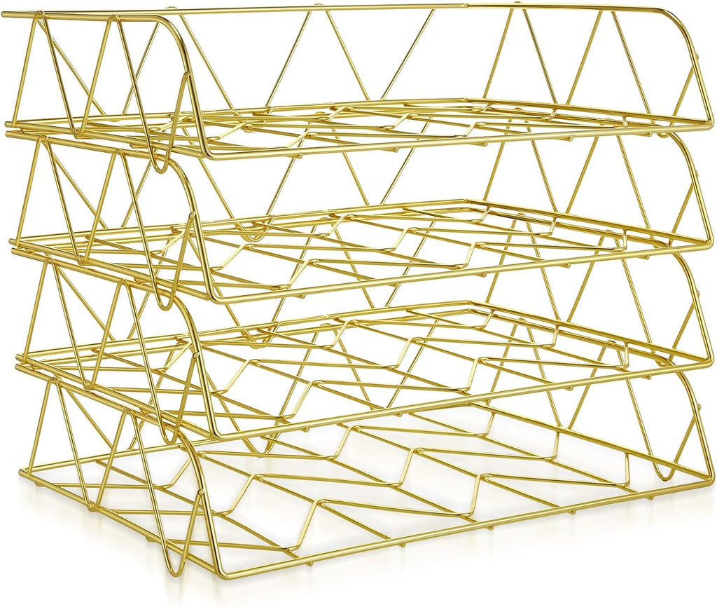 Yeaqee 4 Tier Stackable Gold Desk Organizer Paper Tray Rack Metal Letter Desk File Organizer Horizontal Holder File Trays for Office Desktop Supplies and Accessories