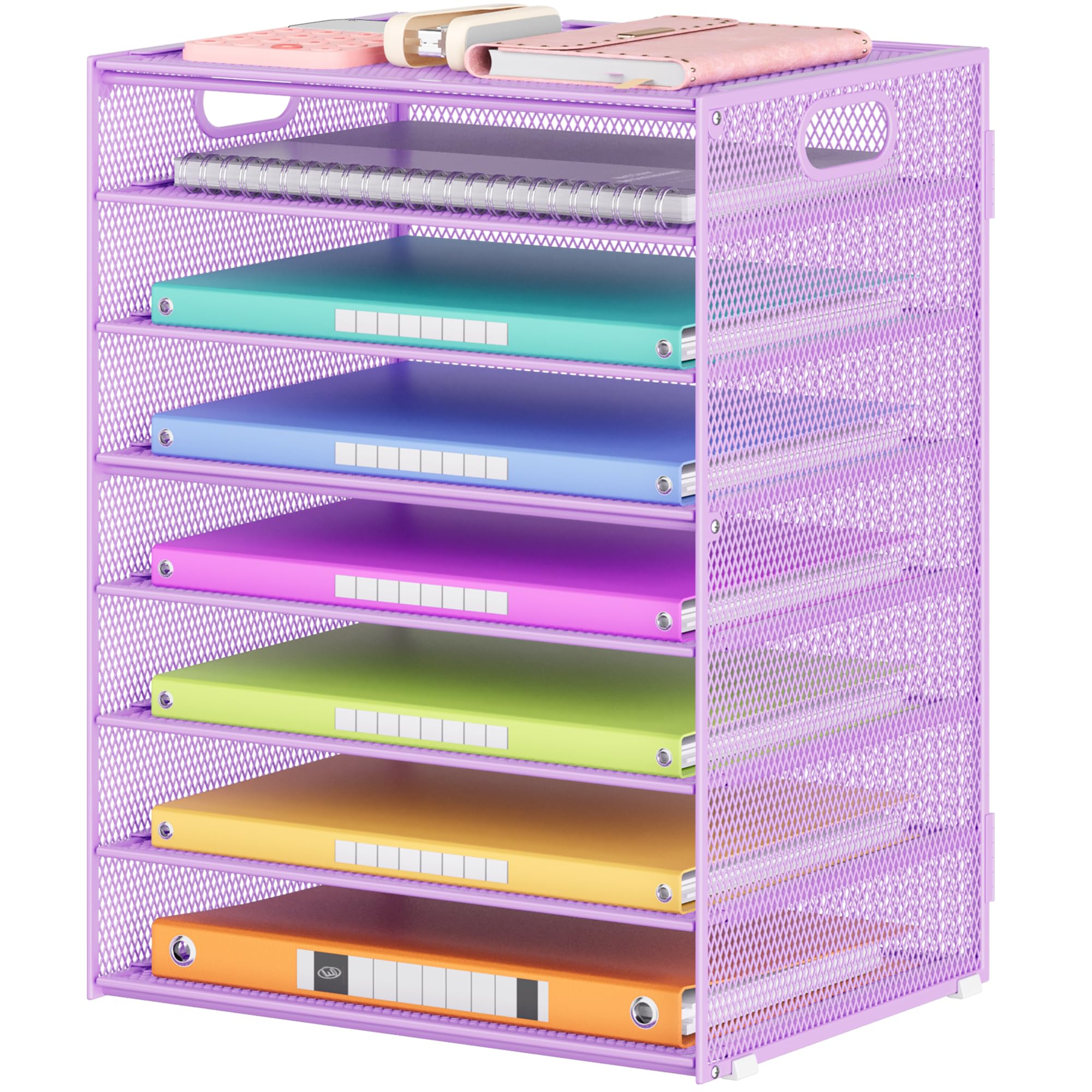 Lavatino 2 Pack 8-Tier Office Desk File Organizer, Letter Tray Paper Organizer with Handle, Including 5 Adjustable Slide Trays for Organizing Desk Workspace Accessories and Supplies (Pink Mesh)