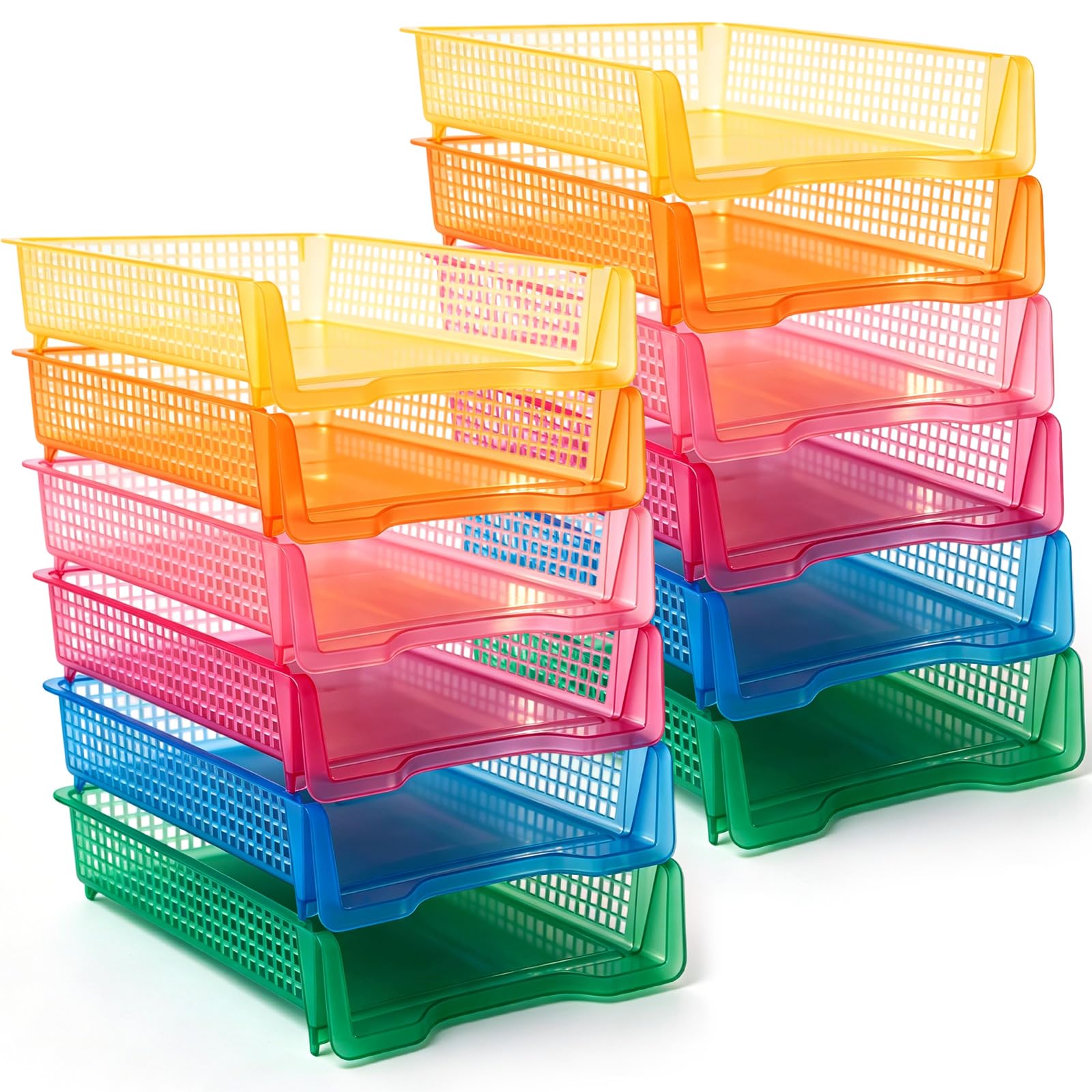 Geetery Set of 12 Plastic Trays for Teachers Turn in Trays Classroom Stackable Paper Tray Plastic Classroom Teachers Desk Letter Organizer Storage Baskets for Office, Desk, Home (Rainbow Color)