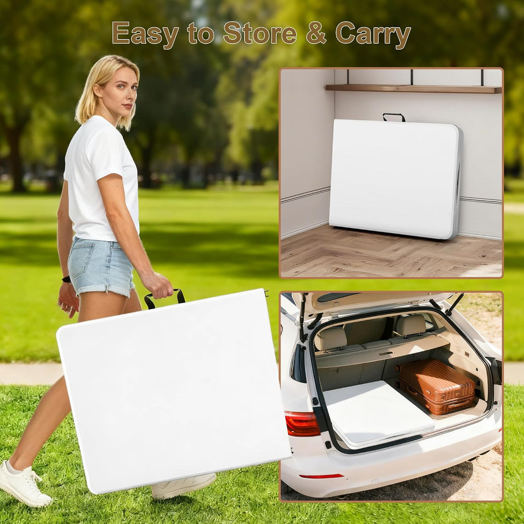Heavy Duty 6ft Folding Table, Portable Fold-in-Half 6 Foot Foldable Table, Table of Utility Dining Indoor Outdoor with Carrying Handle for Camping Picnic and Party, White