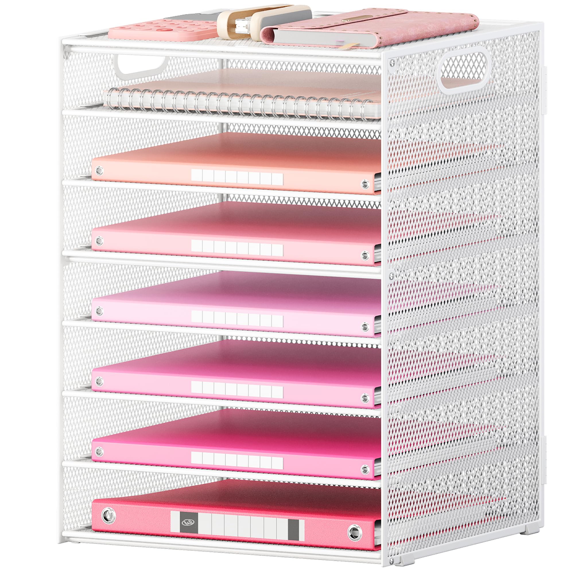 Lavatino 2 Pack 8-Tier Office Desk File Organizer, Letter Tray Paper Organizer with Handle, Including 5 Adjustable Slide Trays for Organizing Desk Workspace Accessories and Supplies (Pink Mesh)