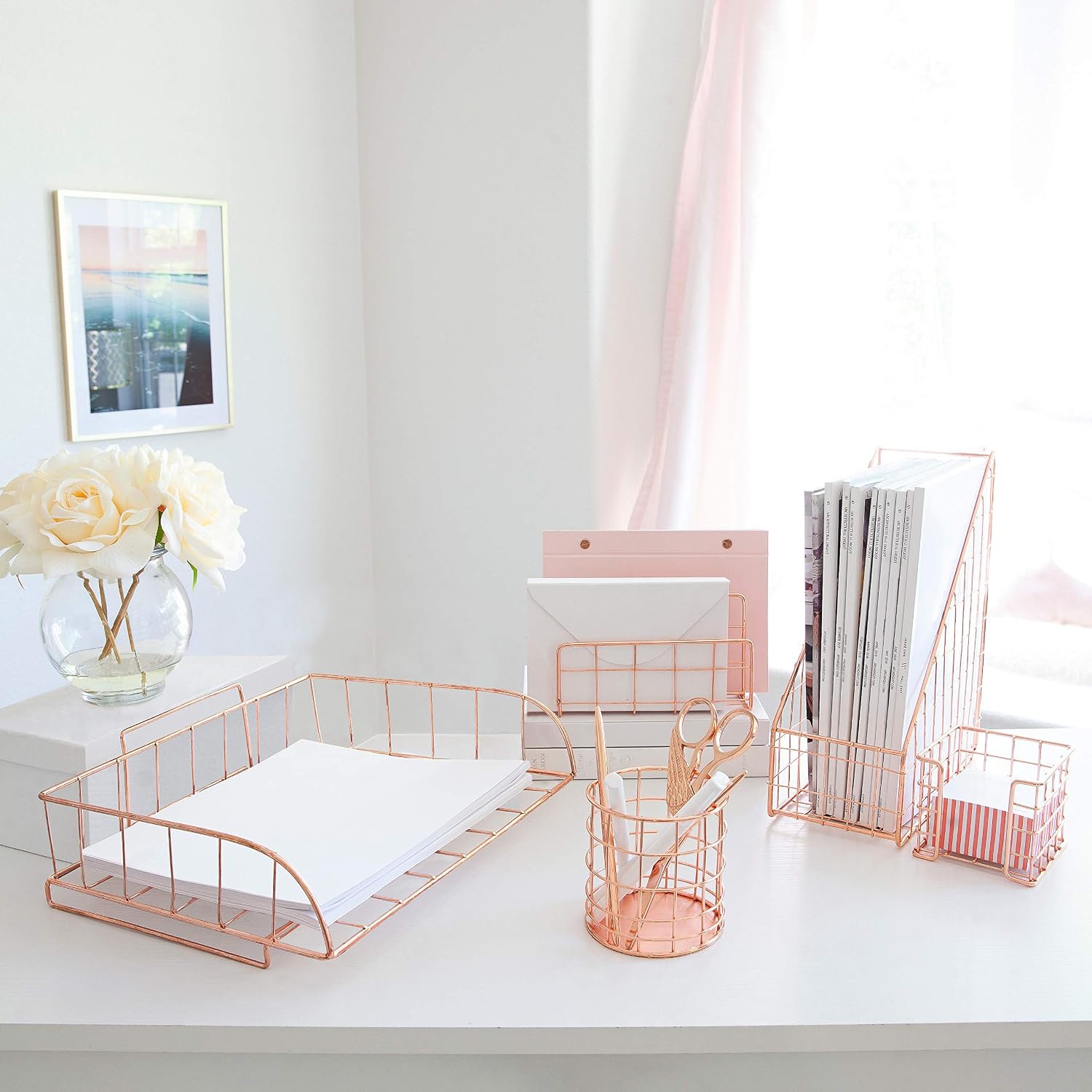 BLU MONACO | Rose Gold Desk Organizer Set 5 Piece | Mail Sorter Organizer Countertop with Letter Sorter for Desk | Standing File Organizer for Desk with Mesh Pen Holders