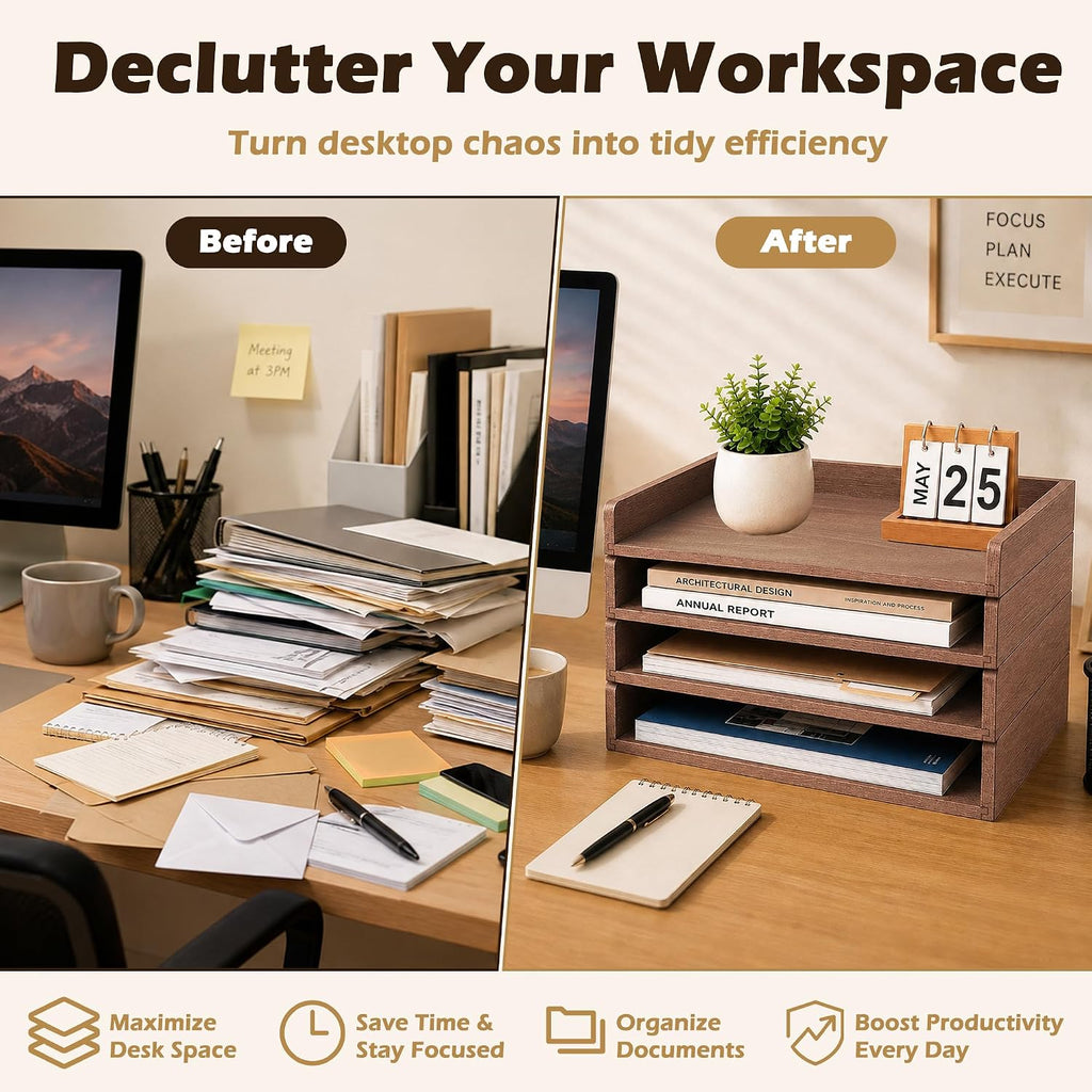 PROLEE 4 Pack Stackable Paper Tray, Wooden Paper Tray Organizer with Letter Tray, Paper Holder for Desk, Desktop File Storage Rack for Study, Home and Office (Walnut)